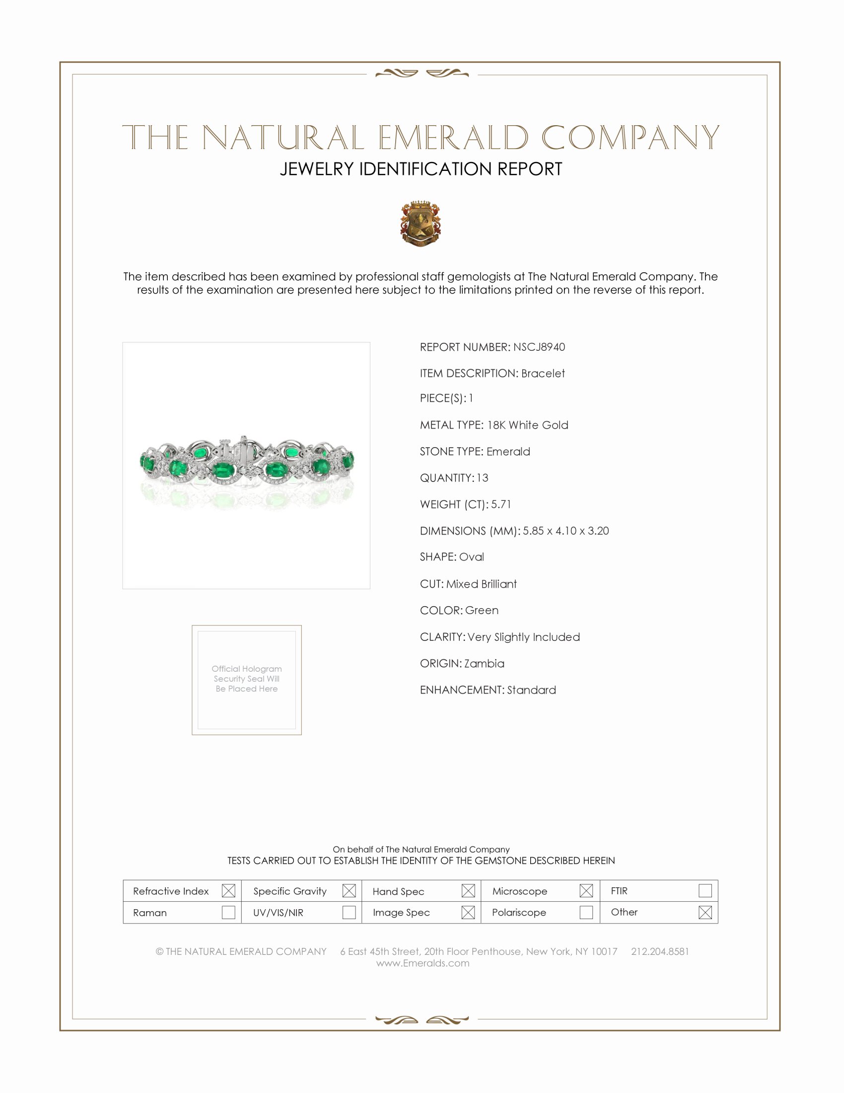 5.71 Ct.Tw. Emerald and Natural Diamond Bracelet, 18K White Gold