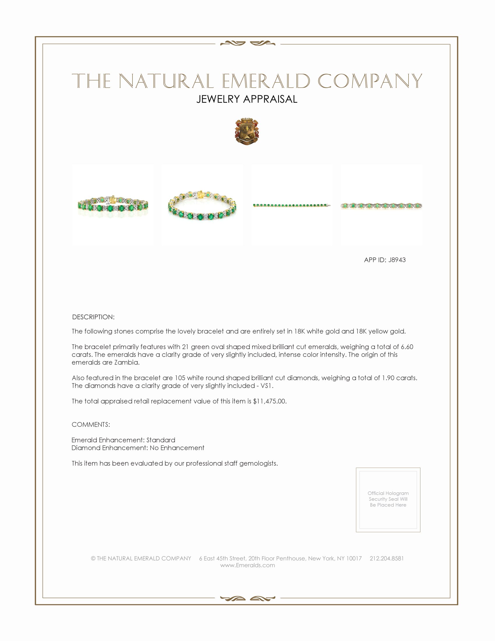 6.60 Ct.Tw. Emerald Natural Diamond Bracelet, 18K White & Yellow