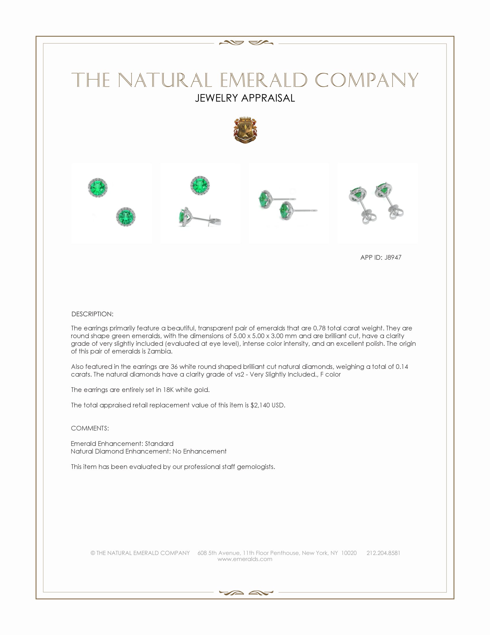 0.78 Ct.Tw. Emerald and Natural Diamond Studs Earrings, 18K White Gold