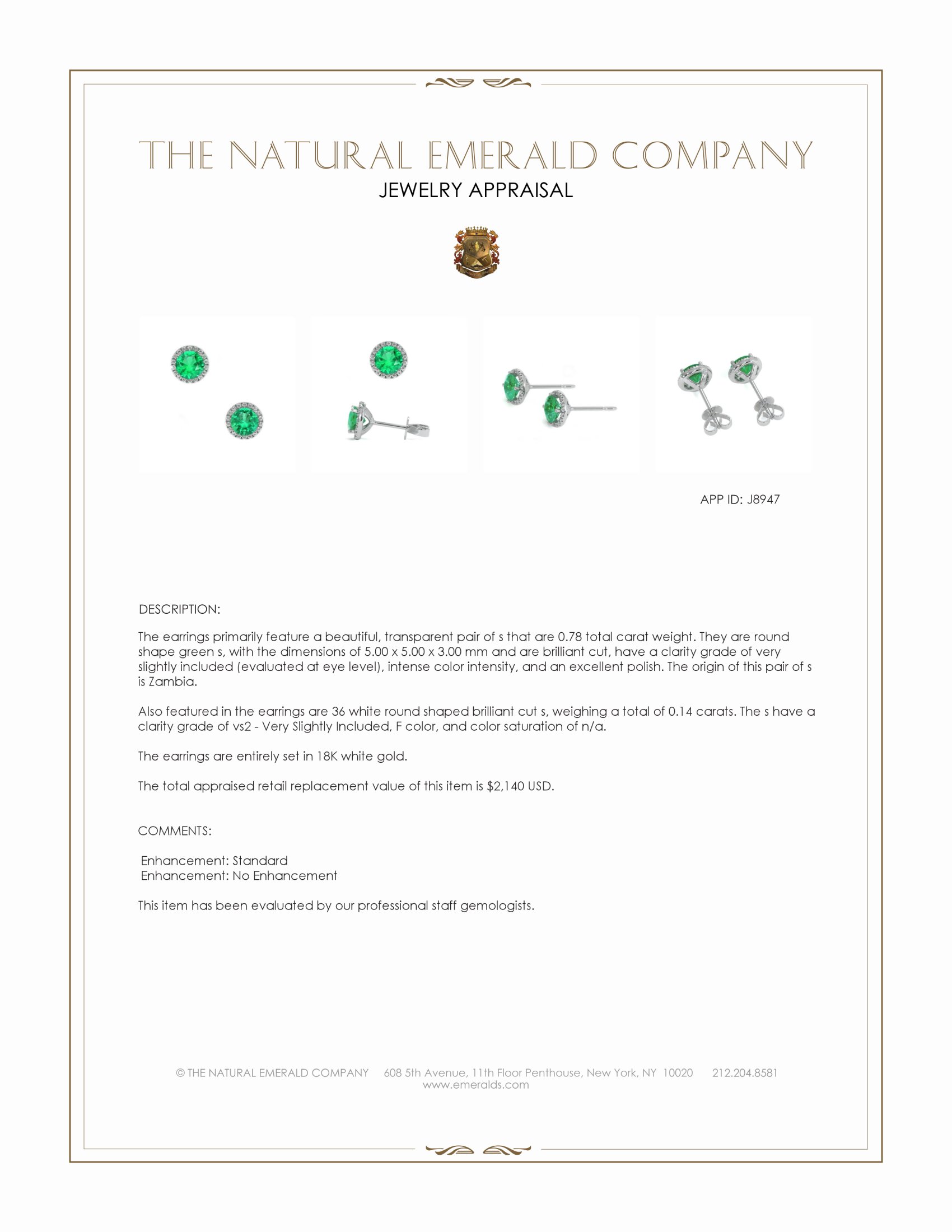 0.78 Ct.Tw. Emerald and Natural Diamond Studs Earrings, 18K White Gold