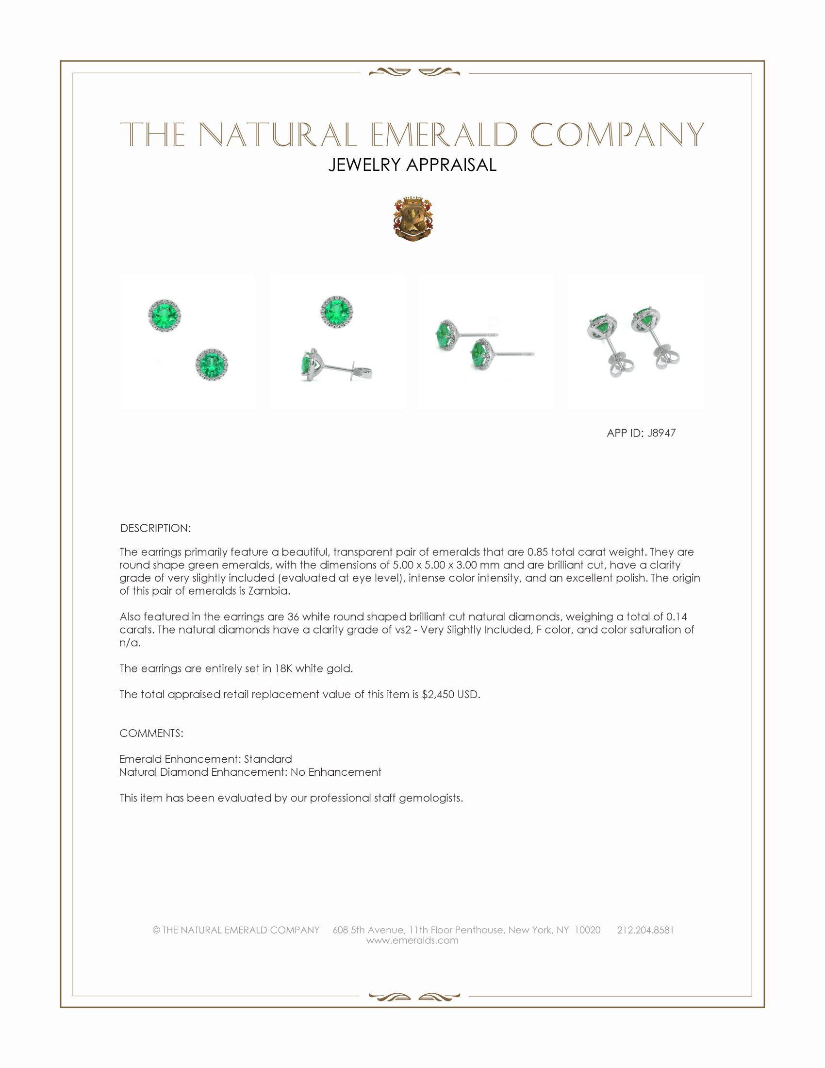 0.85 Ct.Tw. Emerald and Natural Diamond Studs Earrings, 18K White Gold