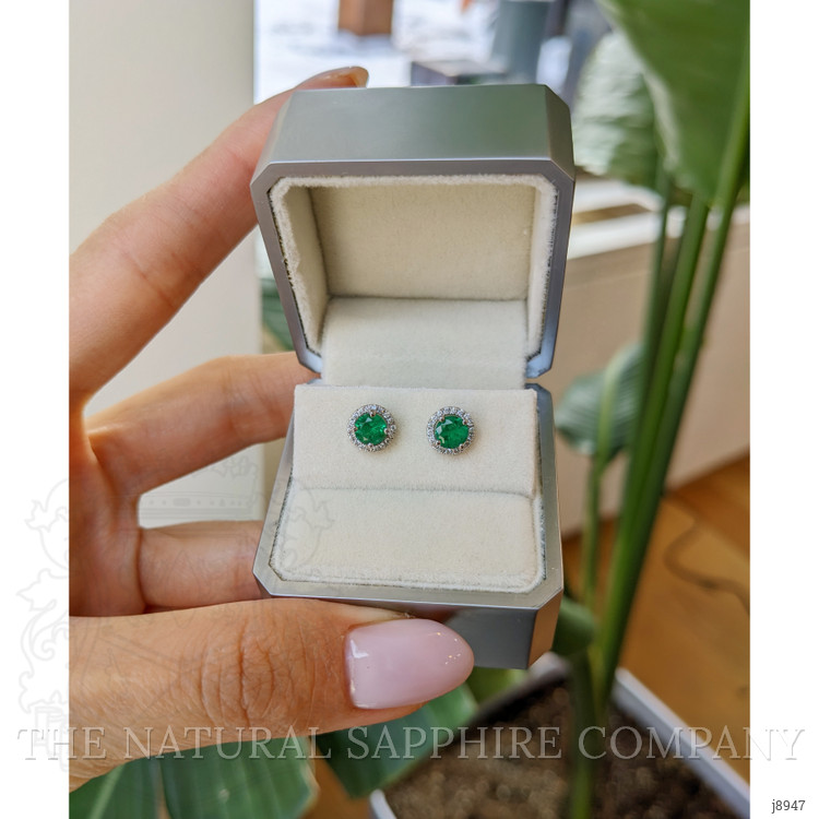 0.78 Ct.Tw. Emerald and Natural Diamond Studs Earrings, 18K White Gold