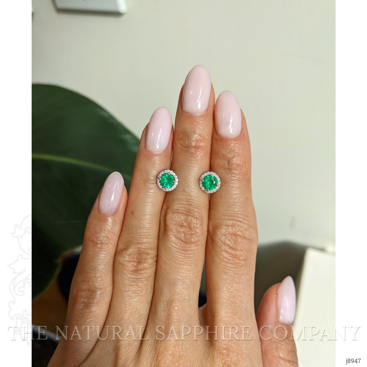 0.78 Ct.Tw. Emerald and Natural Diamond Studs Earrings, 18K White Gold