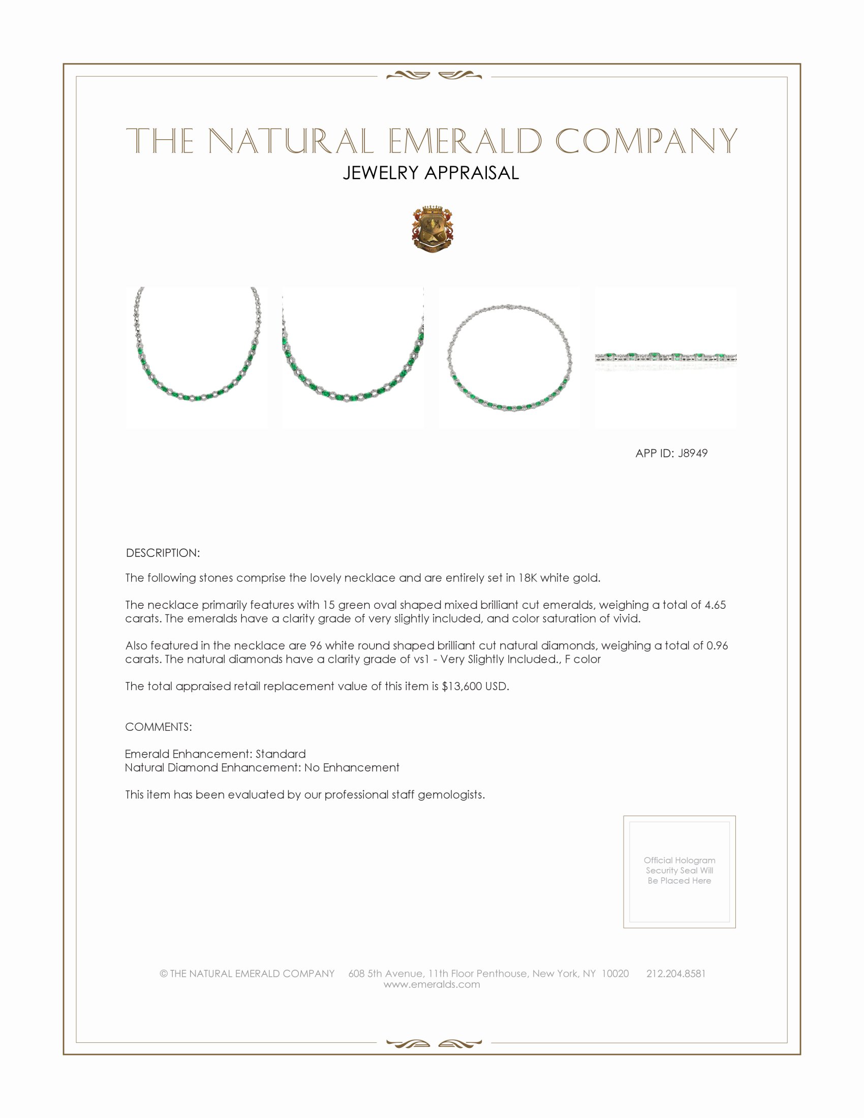 4.65 Ct. Emerald Natural Diamond Accent Stones Necklace, 18K White Gold