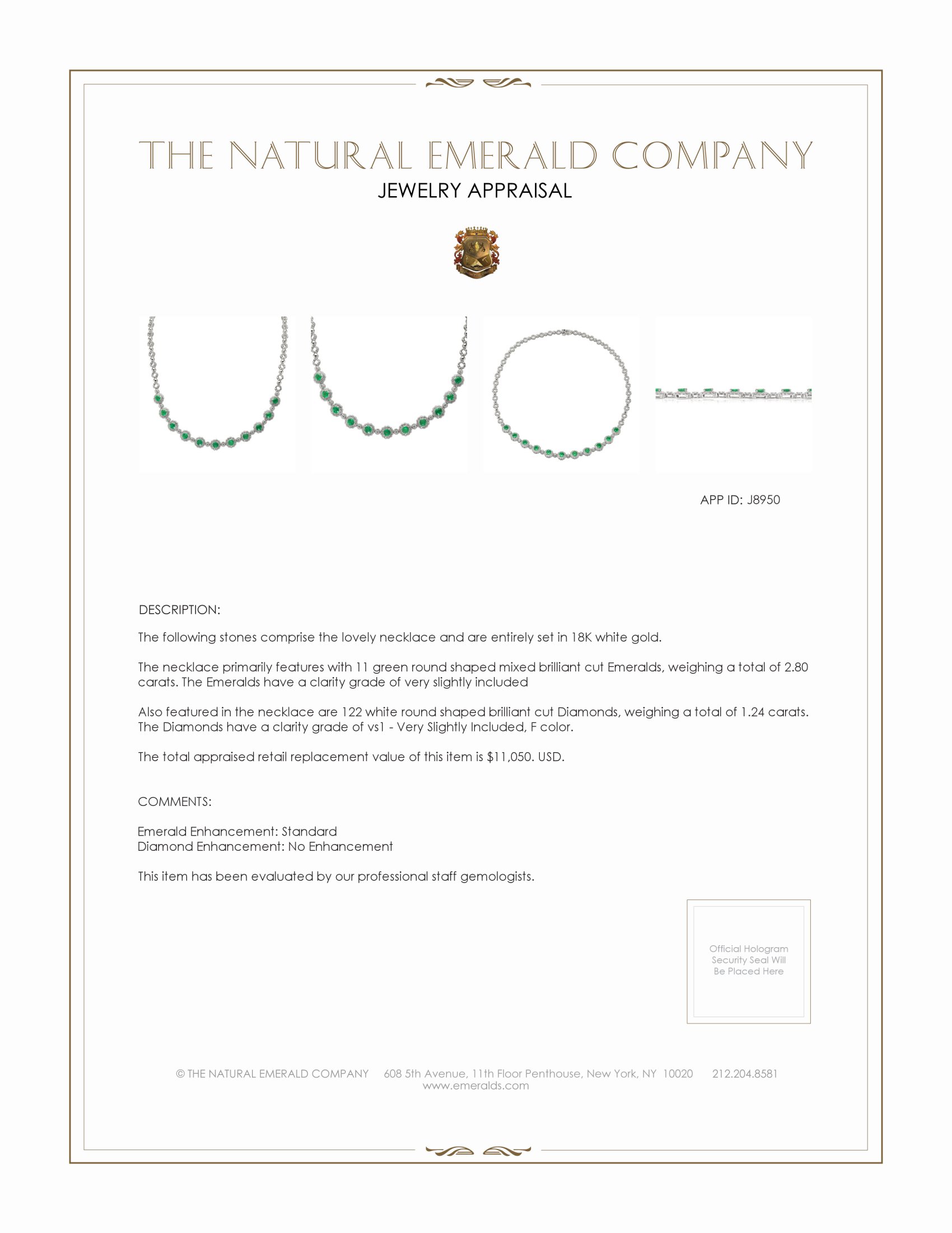 2.80 Ct. Emerald Natural Diamond Necklace, 18K White Gold