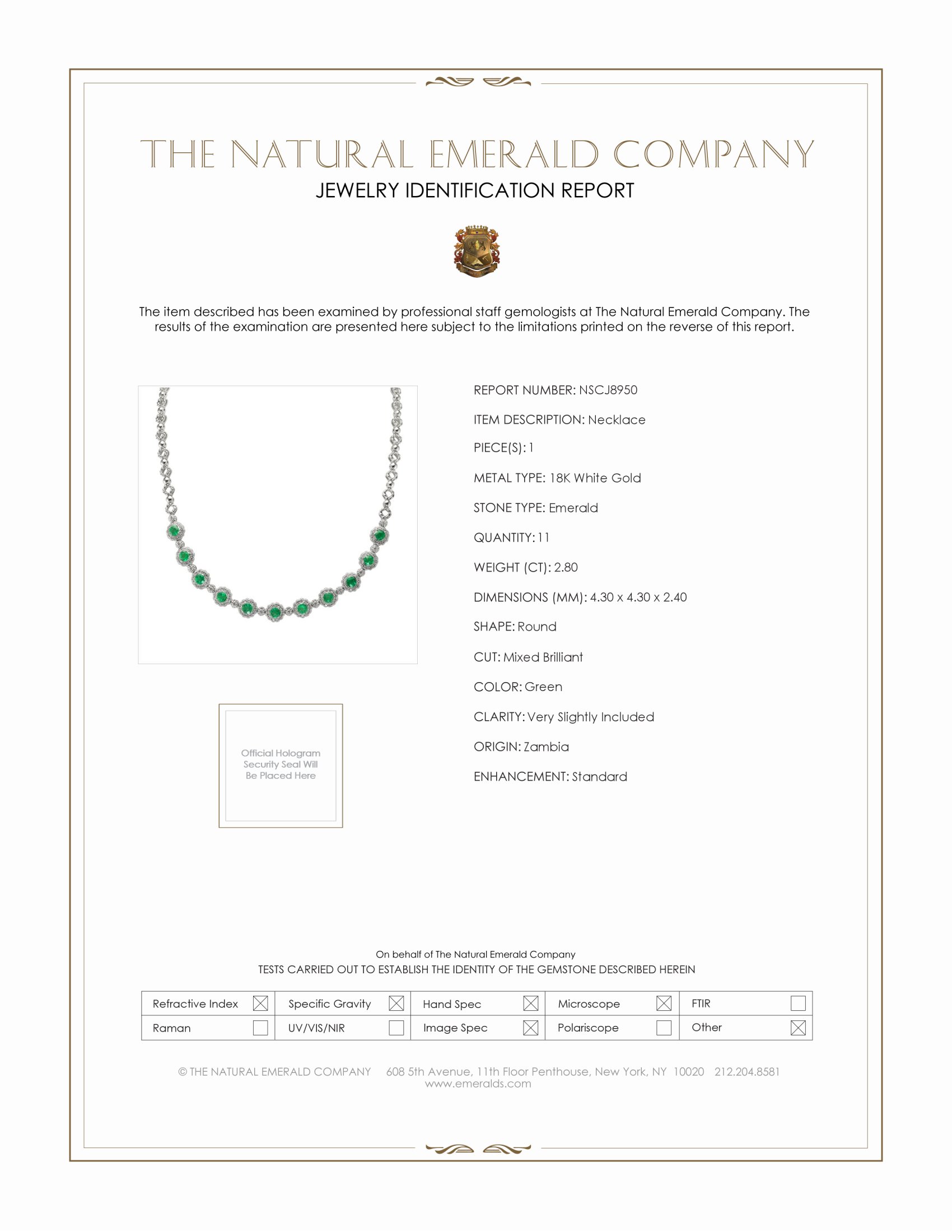 2.80 Ct. Emerald Natural Diamond Necklace, 18K White Gold