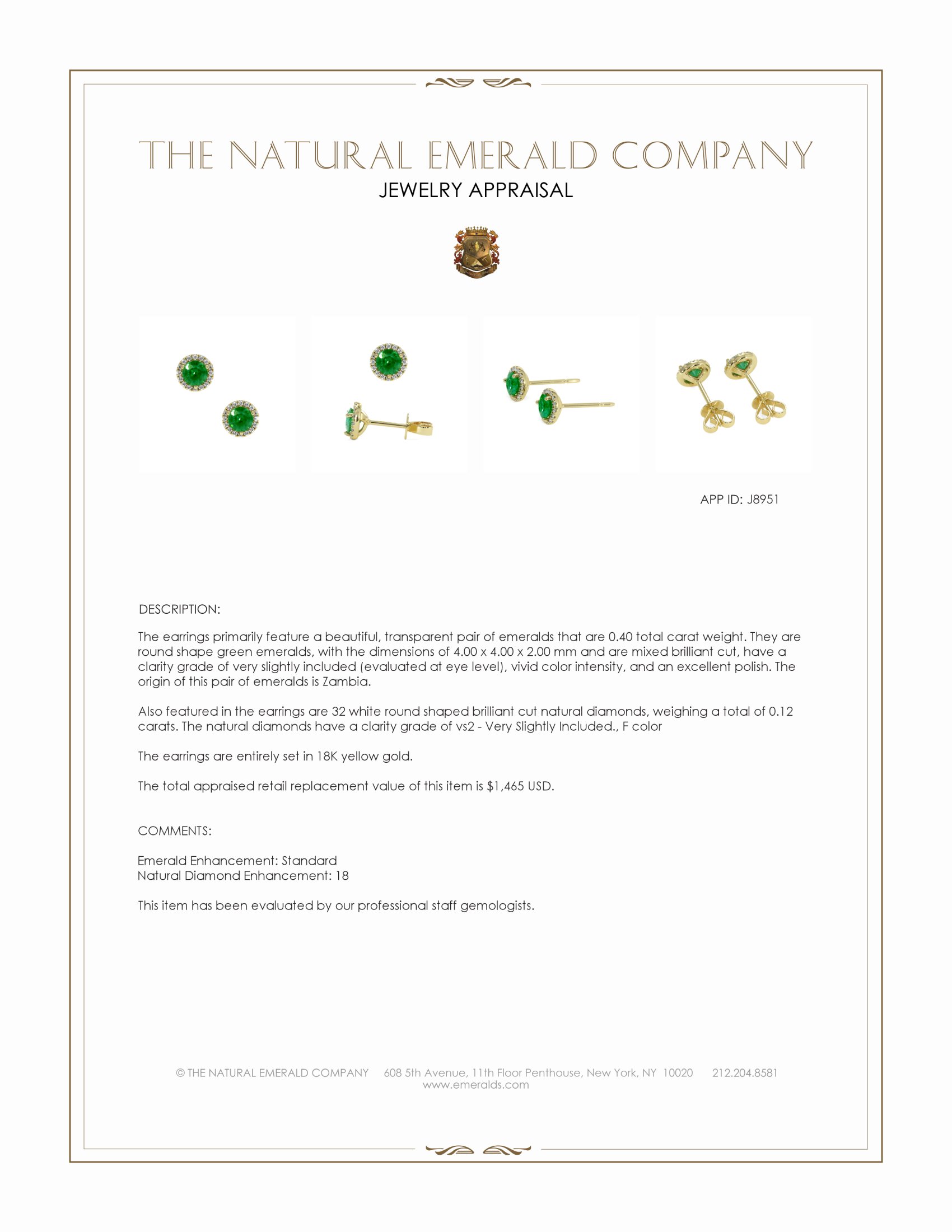 0.40 Ct.Tw. Emerald and Natural Diamond Studs Earrings, 18K Yellow Gold