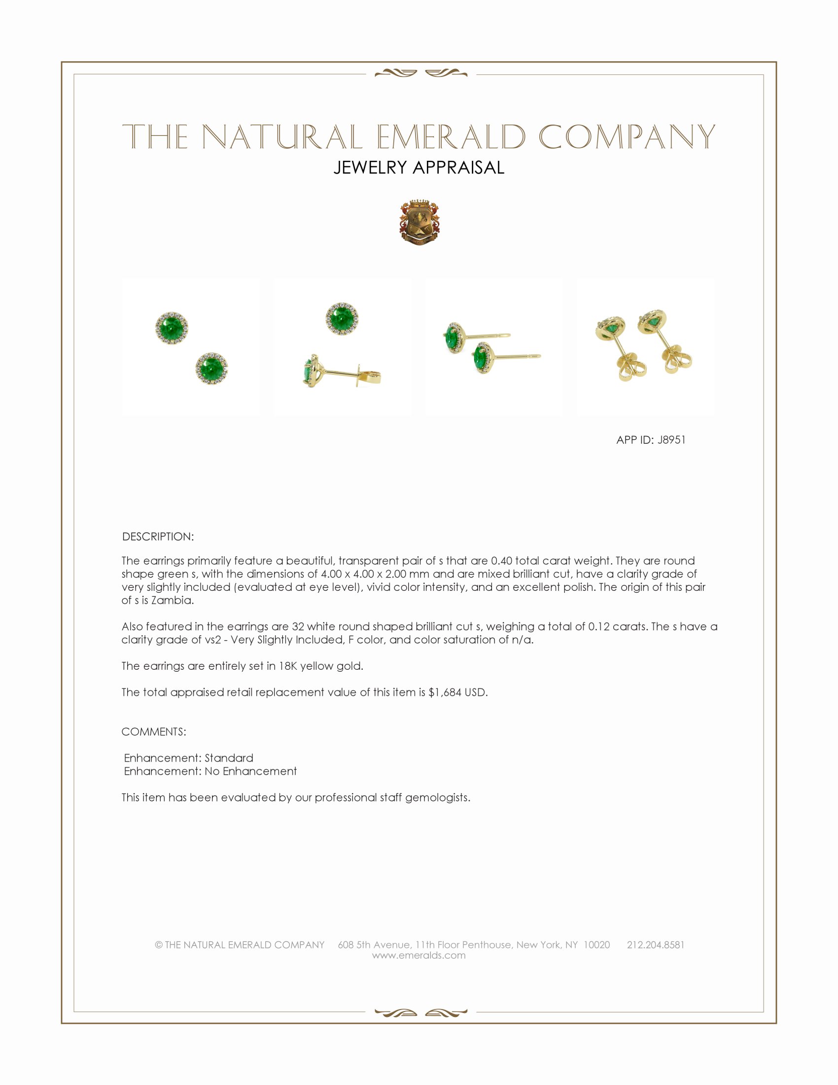 0.40 Ct.Tw. Emerald and Natural Diamond Studs Earrings, 18K Yellow Gold