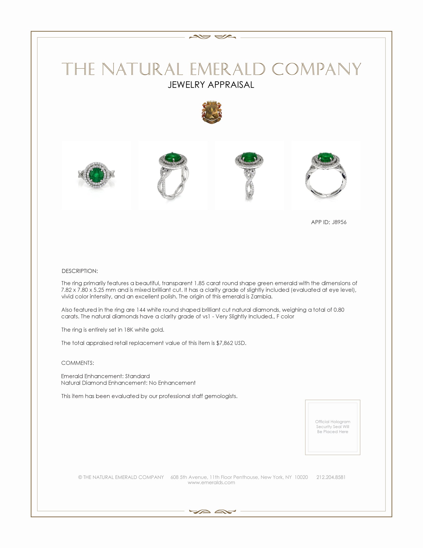1.85 Ct. Emerald and Natural Diamond Pave Ring, 18K White Gold