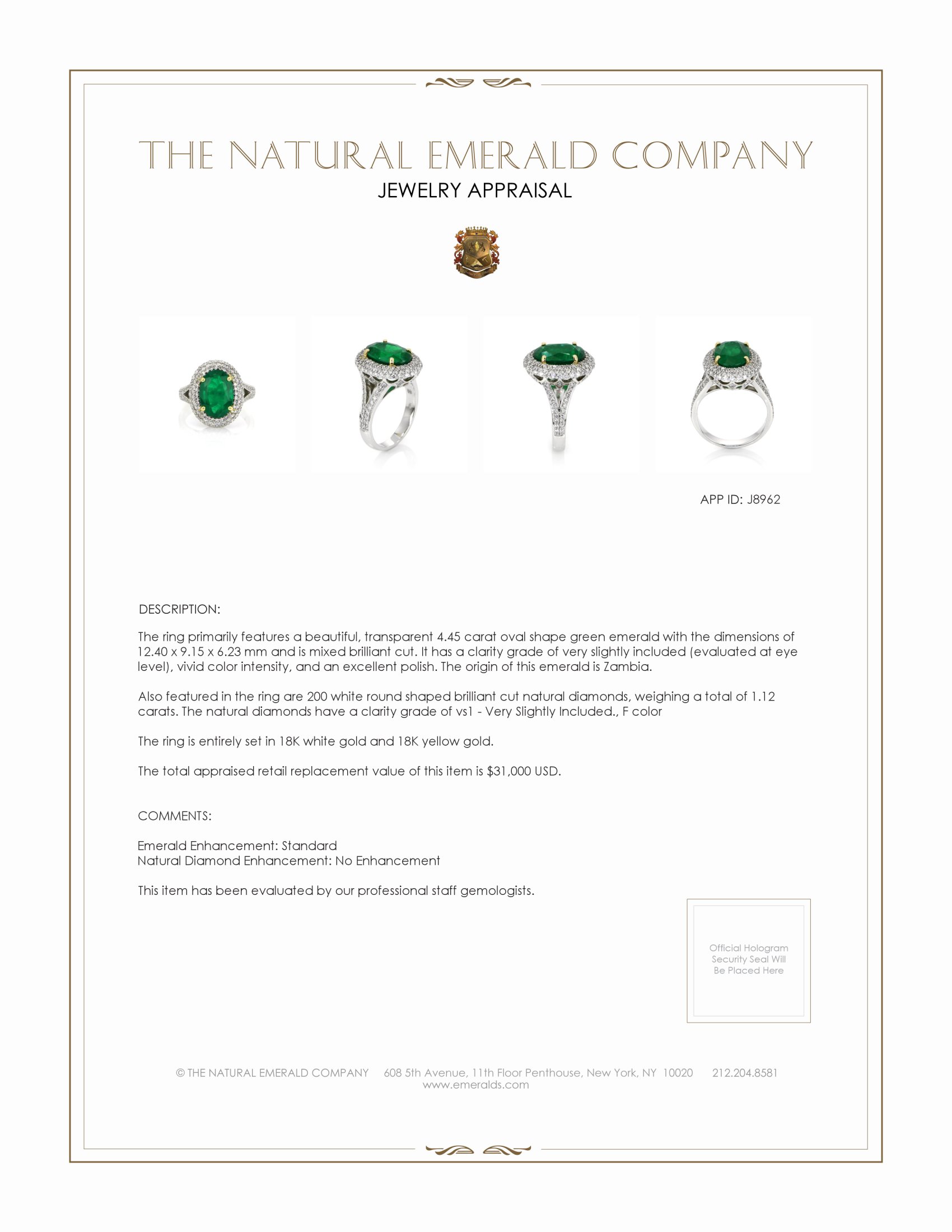 4.45 Ct. Emerald and Natural Diamond Pave Ring, 18K White & Yellow