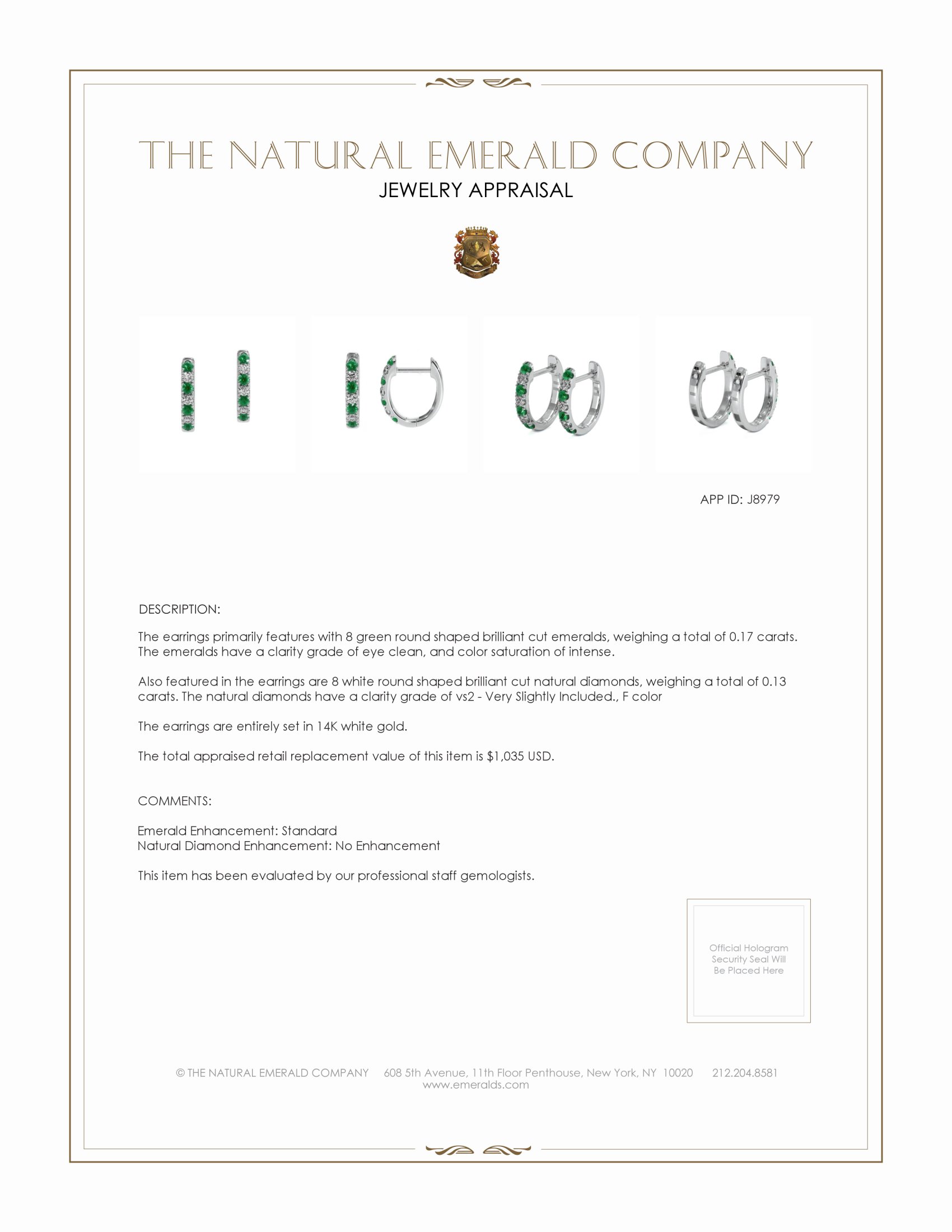 0.17 Ct.Tw. Emerald Natural Diamond Hoops Earrings, 14K White Gold