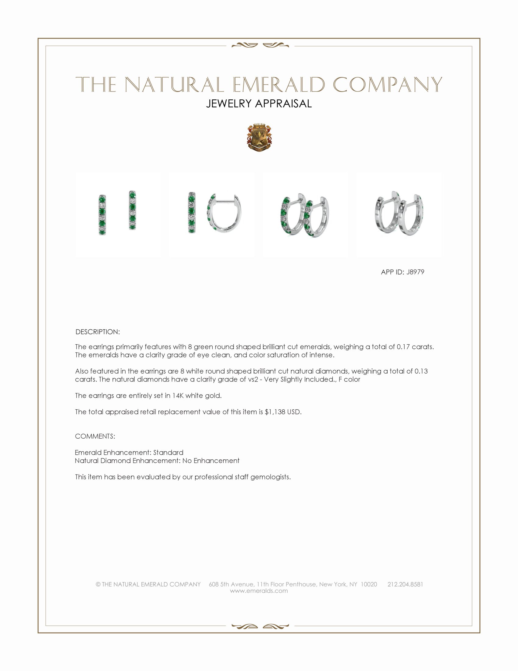0.17 Ct.Tw. Emerald and Natural Diamond Hoops Earrings, 14K White Gold