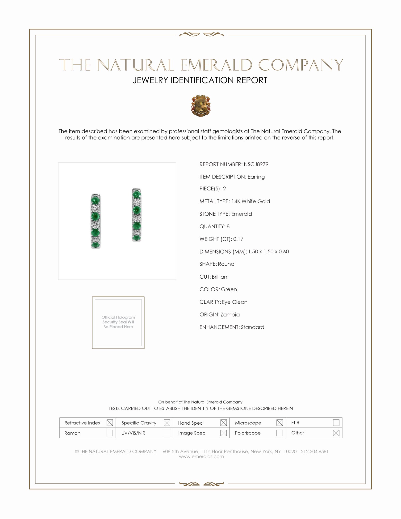 0.17 Ct.Tw. Emerald Natural Diamond Hoops Earrings, 14K White Gold