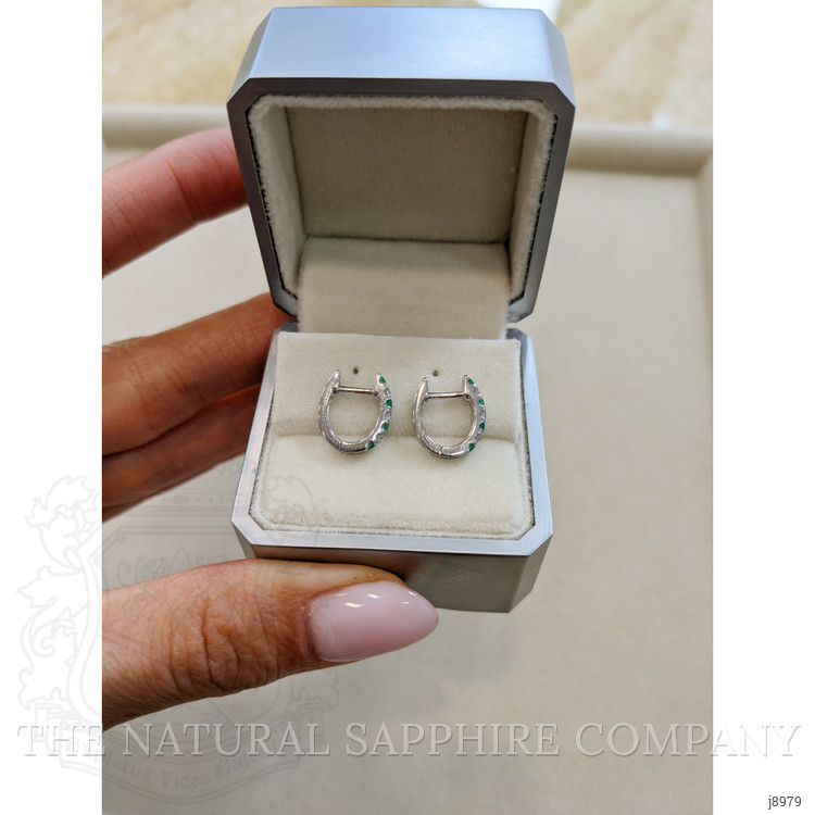 0.17 Ct.Tw. Emerald and Natural Diamond Hoops Earrings, 14K White Gold