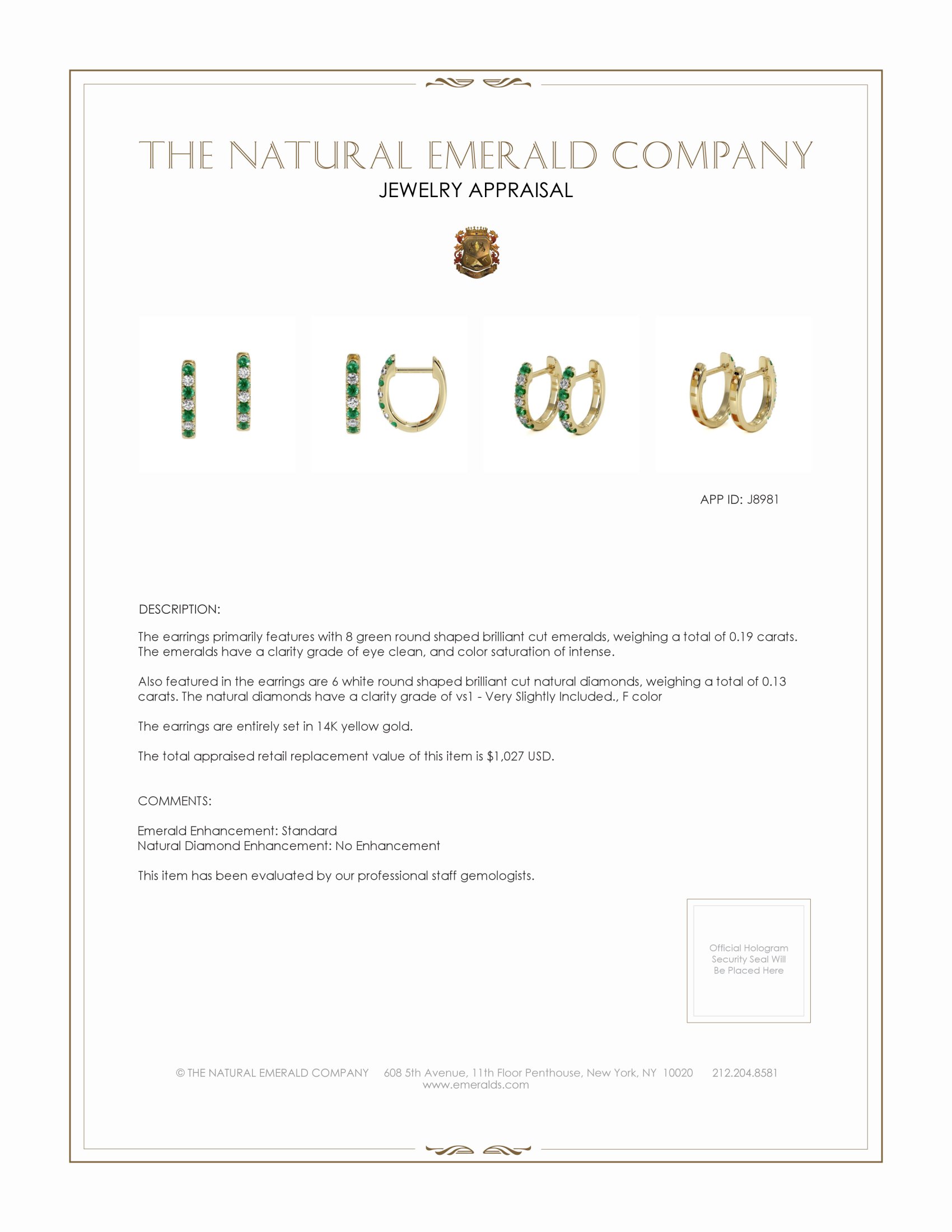 0.19 Ct.Tw. Emerald and Natural Diamond Hoops Earrings, 14K Yellow Gold