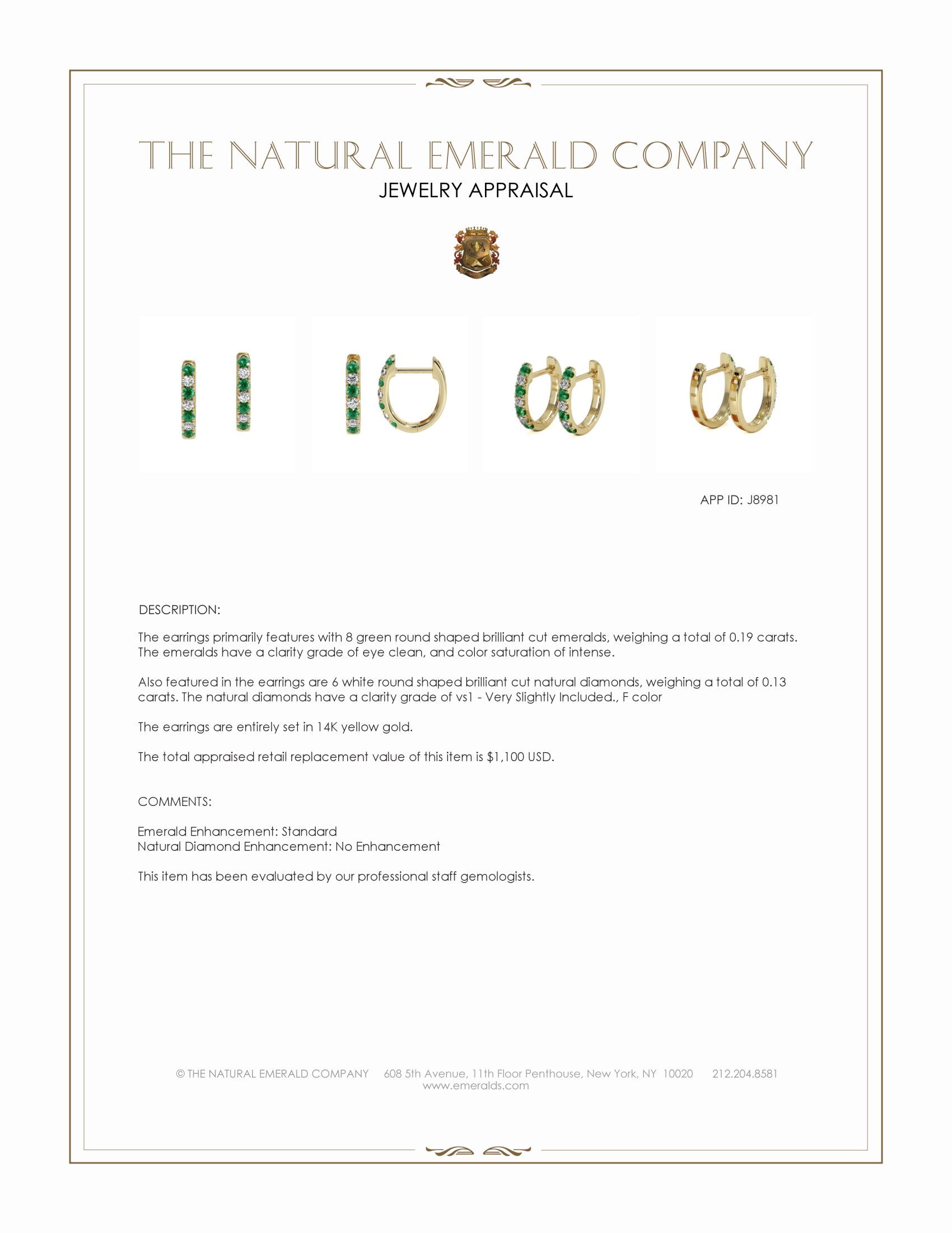 0.19 Ct.Tw. Emerald and Natural Diamond Hoops Earrings, 14K Yellow Gold