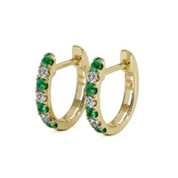 0.19 Ct.Tw. Emerald Natural Diamond Hoops Earrings, 14K Yellow Gold Image
