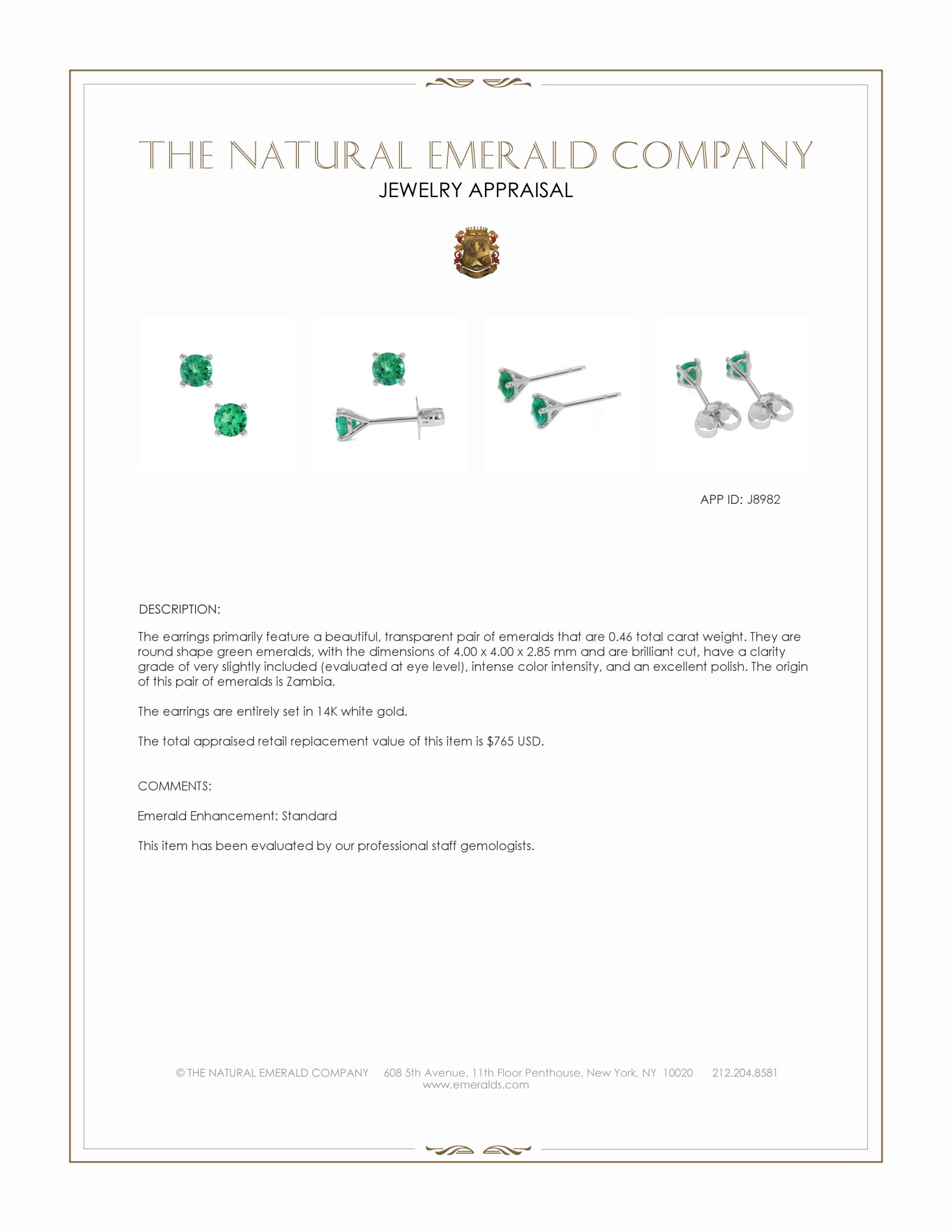 0.46 Ct.Tw. Emerald Studs Earrings, 14K White Gold