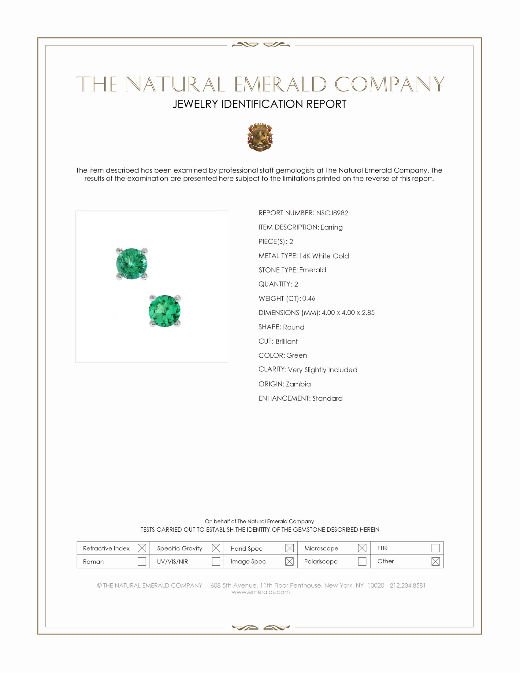 0.46 Ct.Tw. Emerald Studs Earrings, 14K White Gold