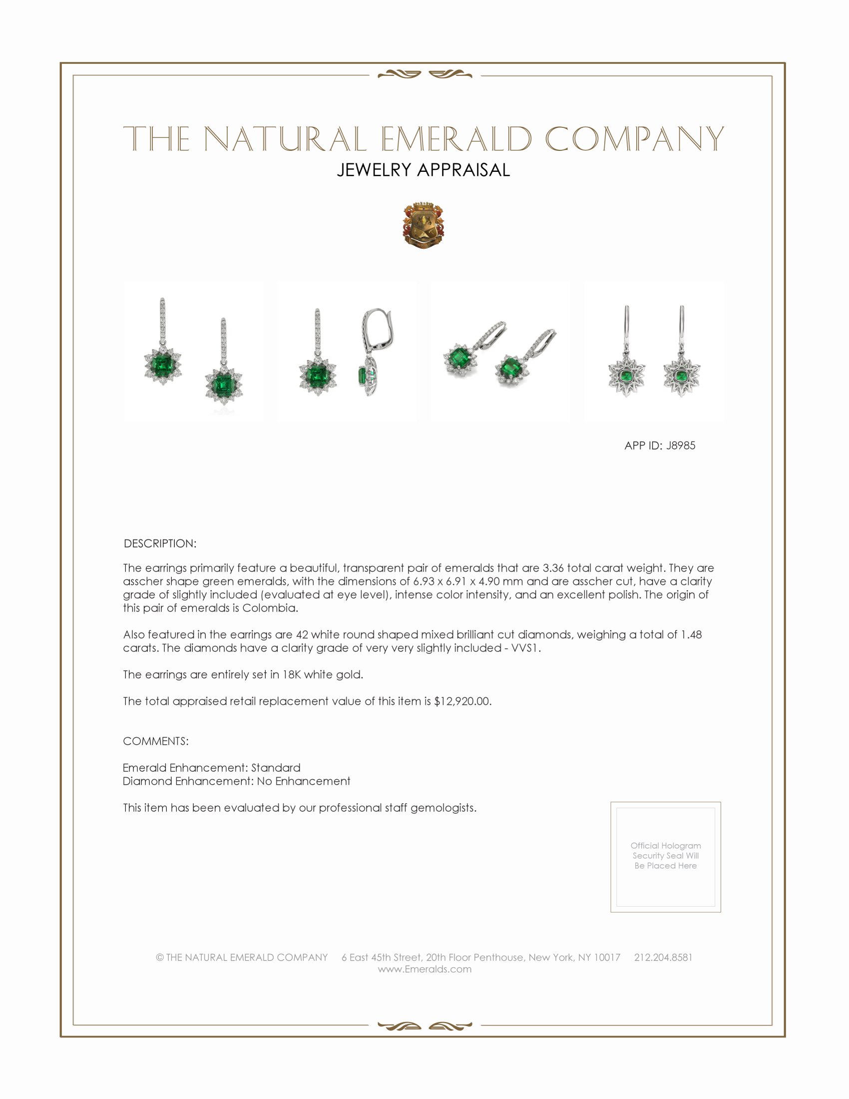 3.36 Ct.Tw. Emerald Natural Diamond Earrings, 18K White Gold