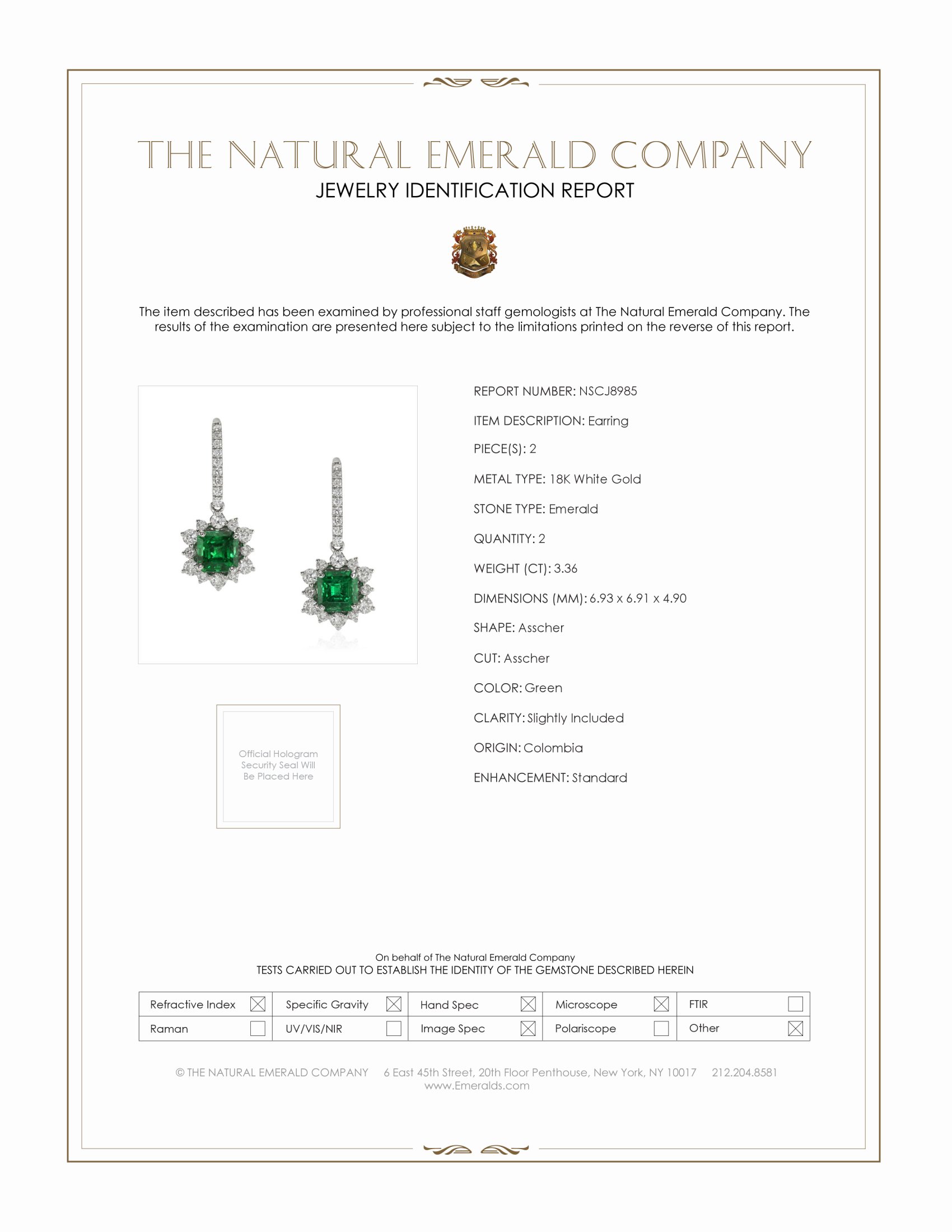 3.36 Ct.Tw. Emerald Natural Diamond Earrings, 18K White Gold