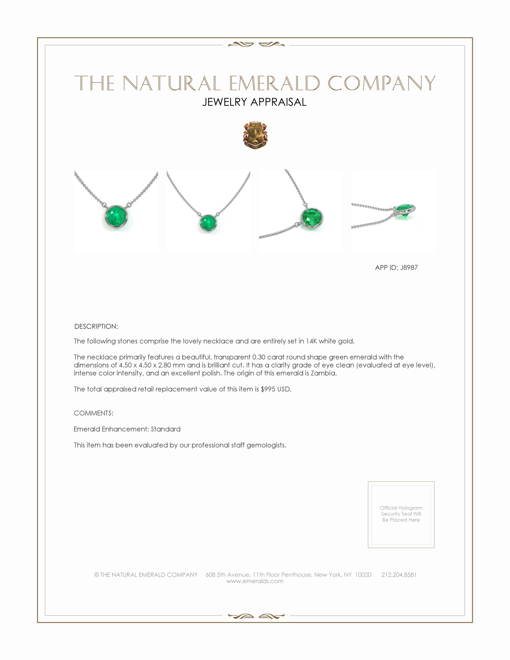 0.30 Ct. Emerald Solitaire Necklace, 14K White Gold