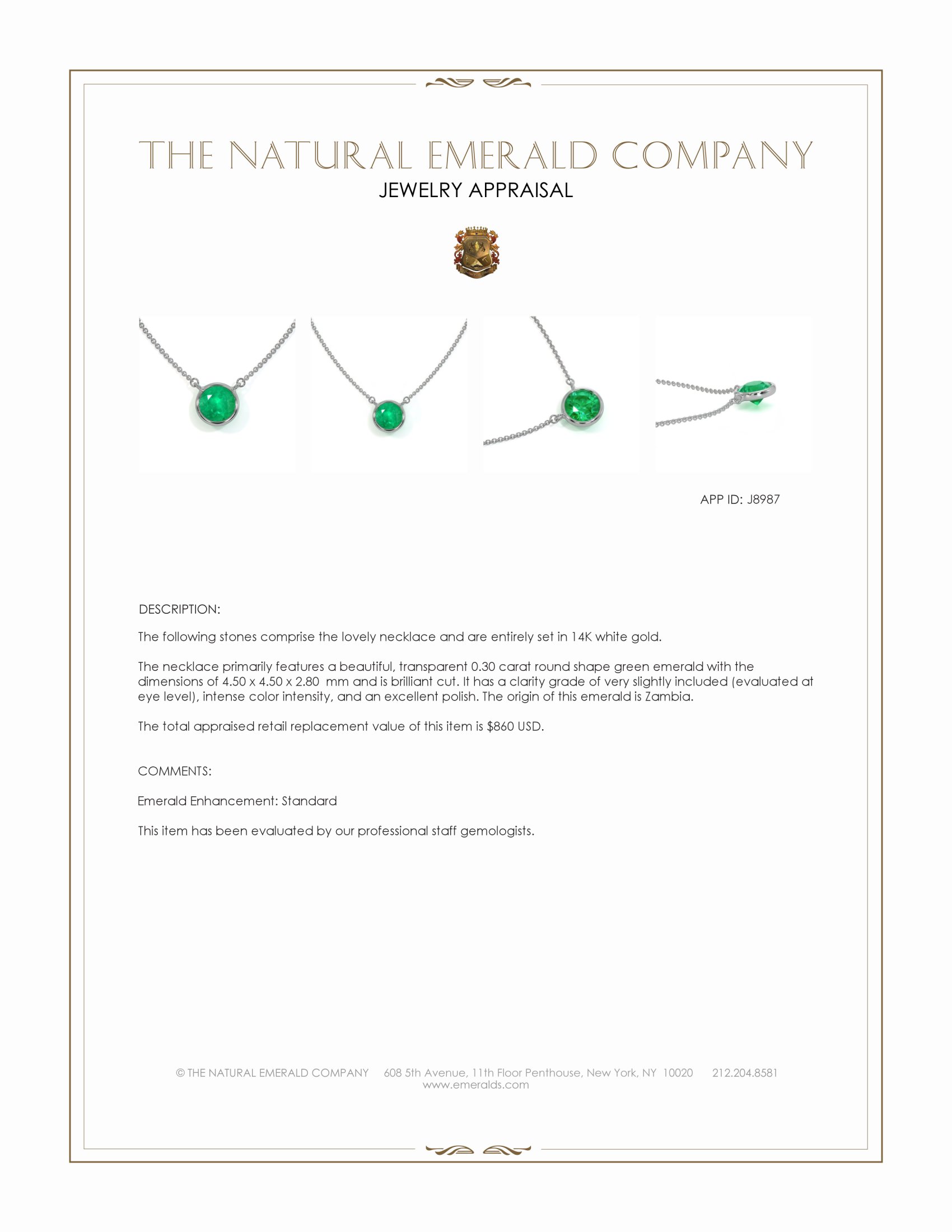 0.30 Ct. Emerald Solitaire Necklace, 14K White Gold