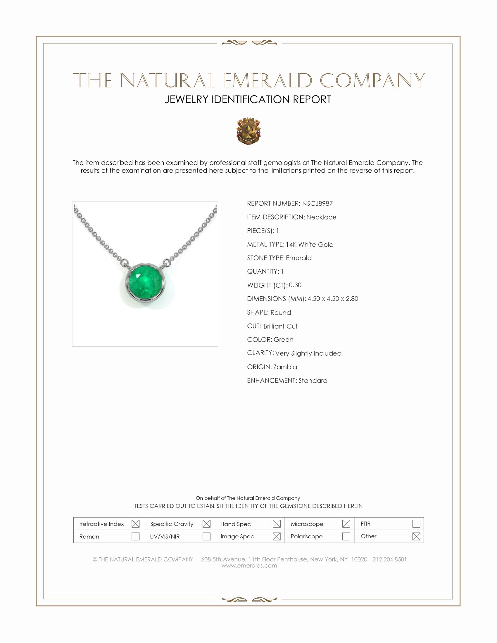 0.30 Ct. Emerald Solitaire Necklace, 14K White Gold