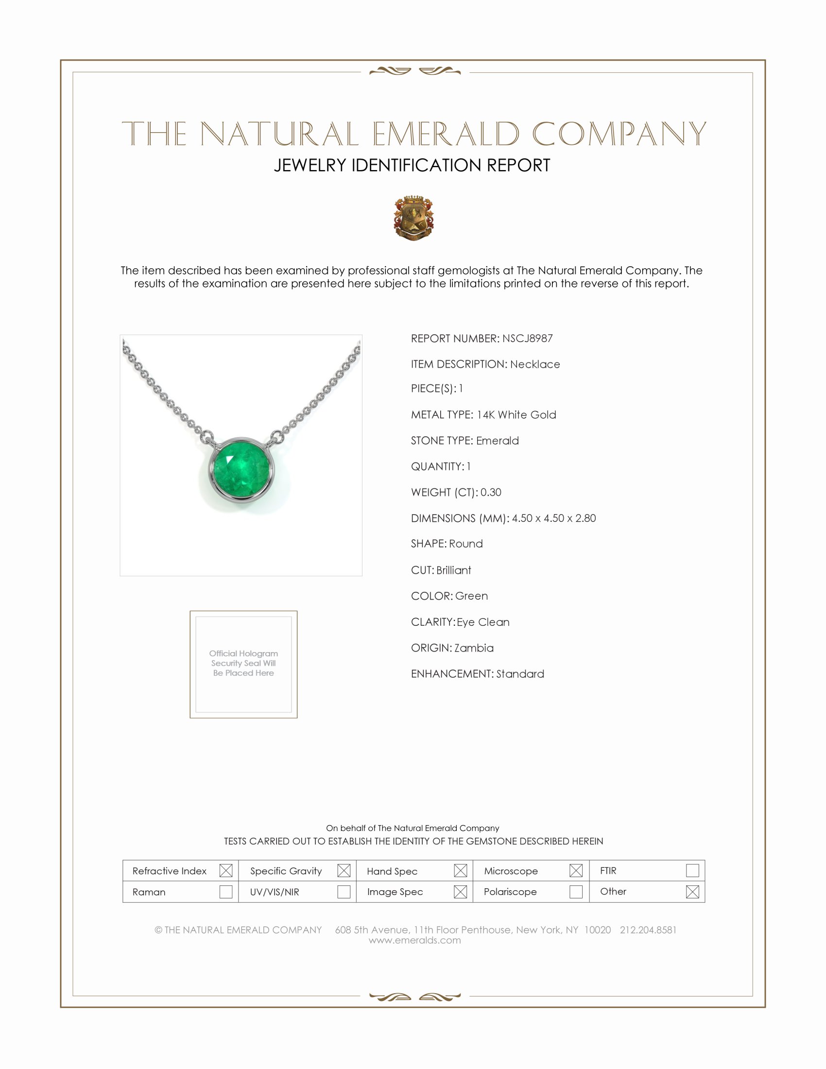 0.30 Ct. Emerald Solitaire Necklace, 14K White Gold