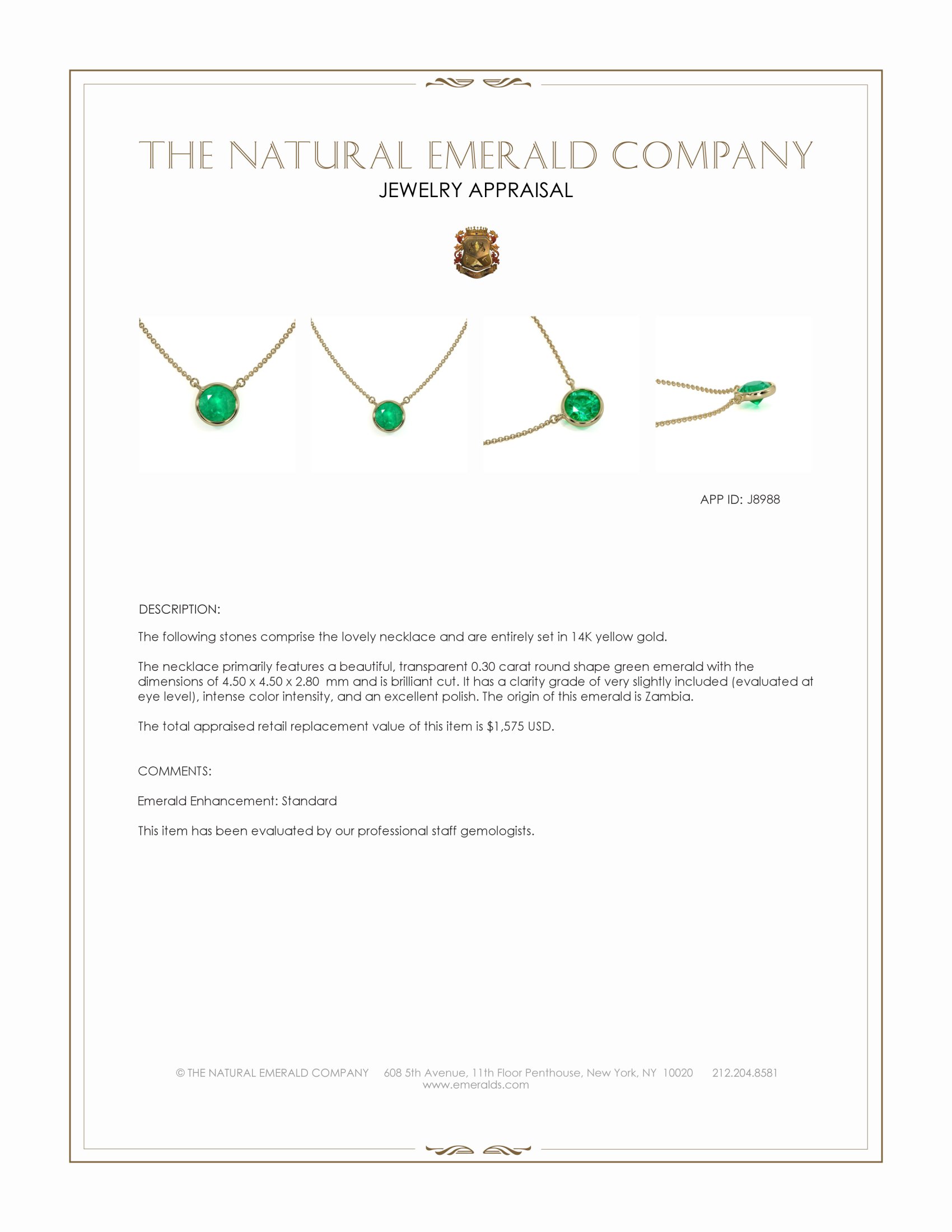 0.30 Ct. Emerald Solitaire Necklace, 14K Yellow Gold