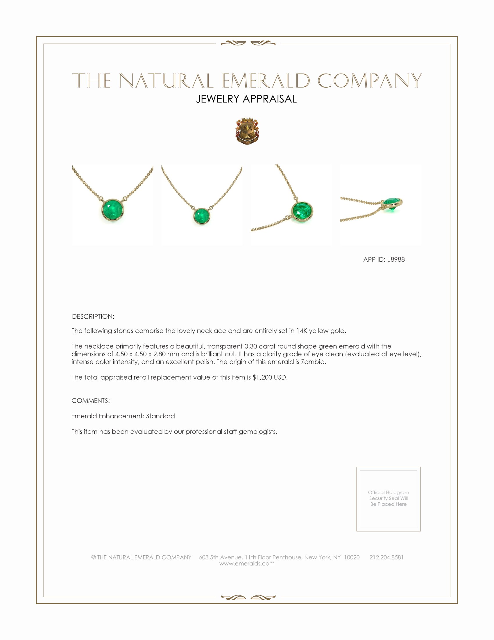 0.30 Ct. Emerald Solitaire Necklace, 14K Yellow Gold