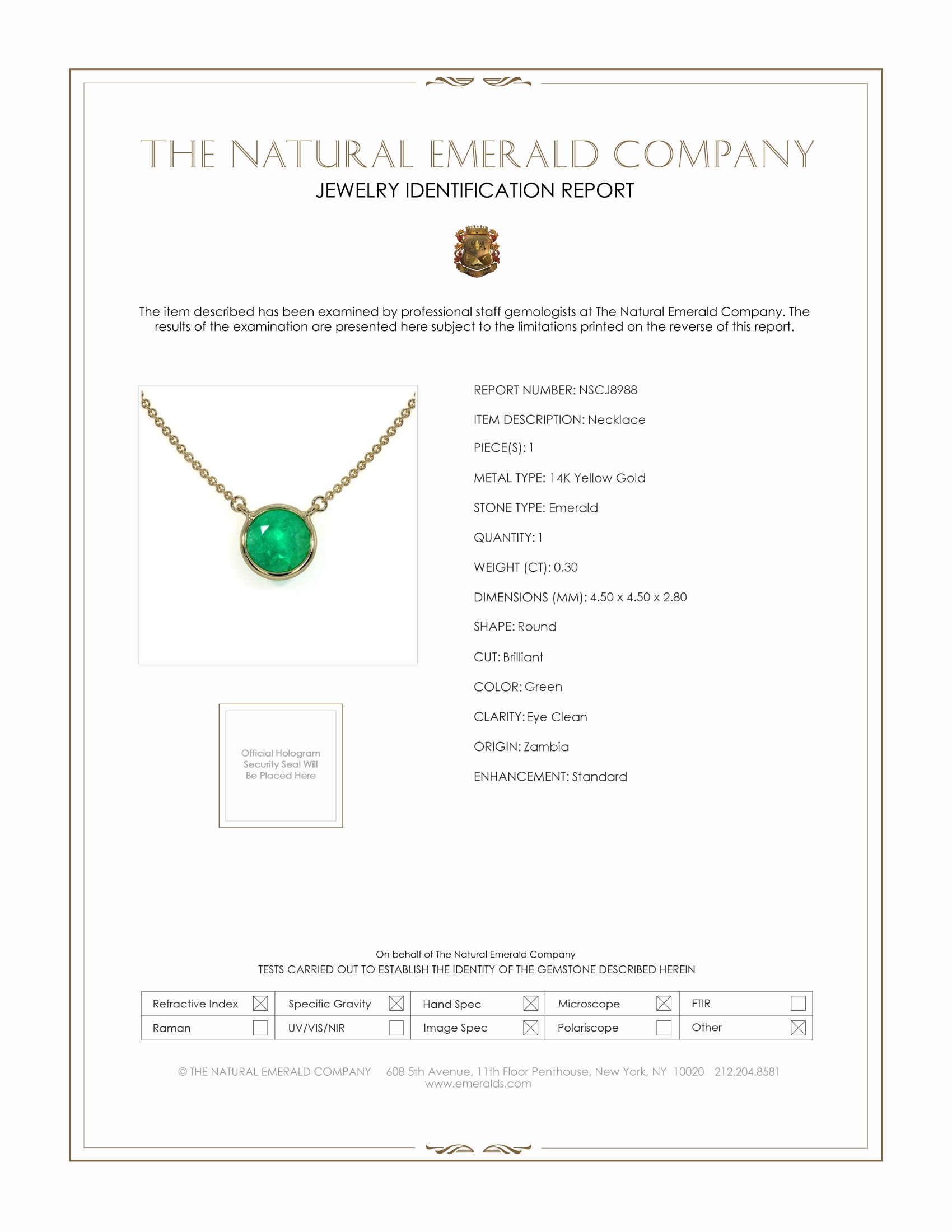 0.30 Ct. Emerald Solitaire Necklace, 14K Yellow Gold