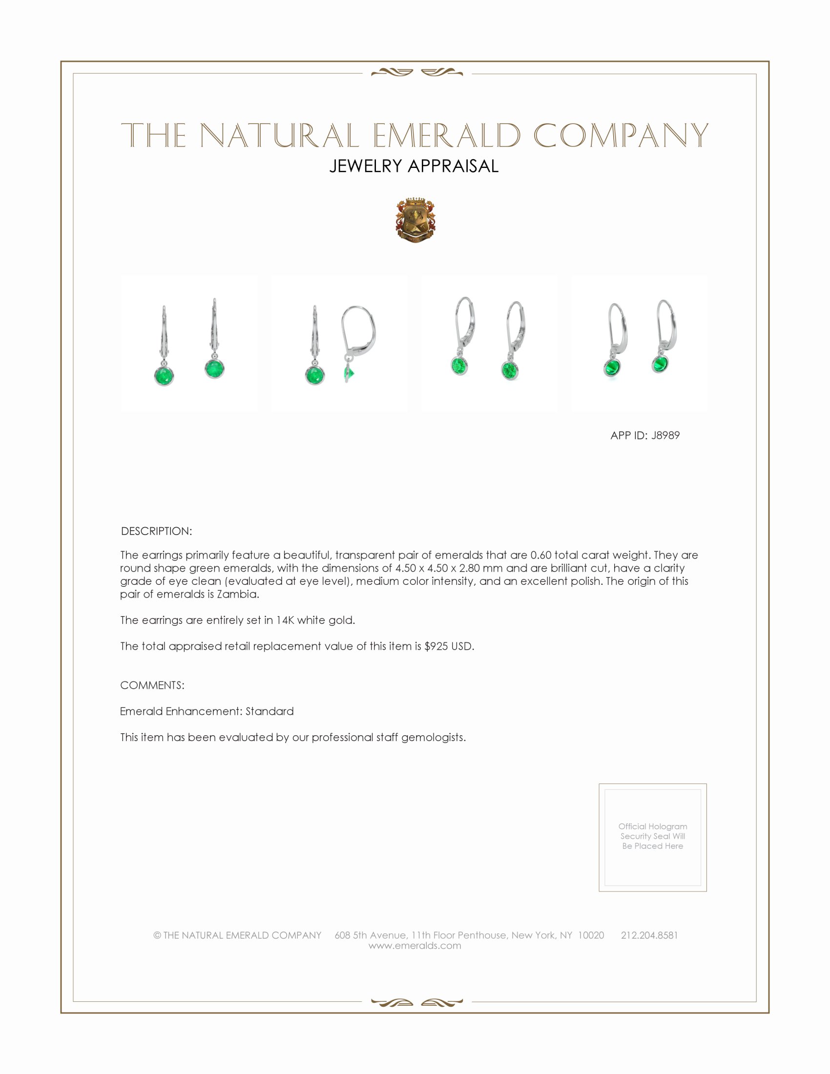 0.60 Ct.Tw. Emerald Drops Earrings, 14K White Gold