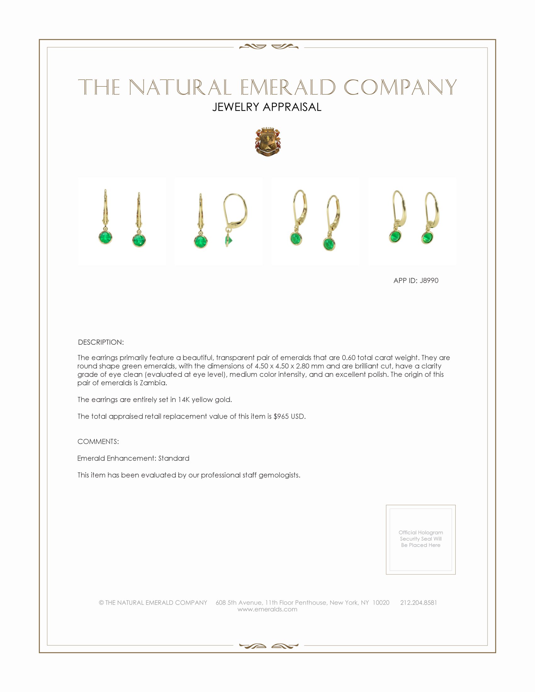 0.60 Ct.Tw. Emerald Bezel Earrings, 14K Yellow Gold