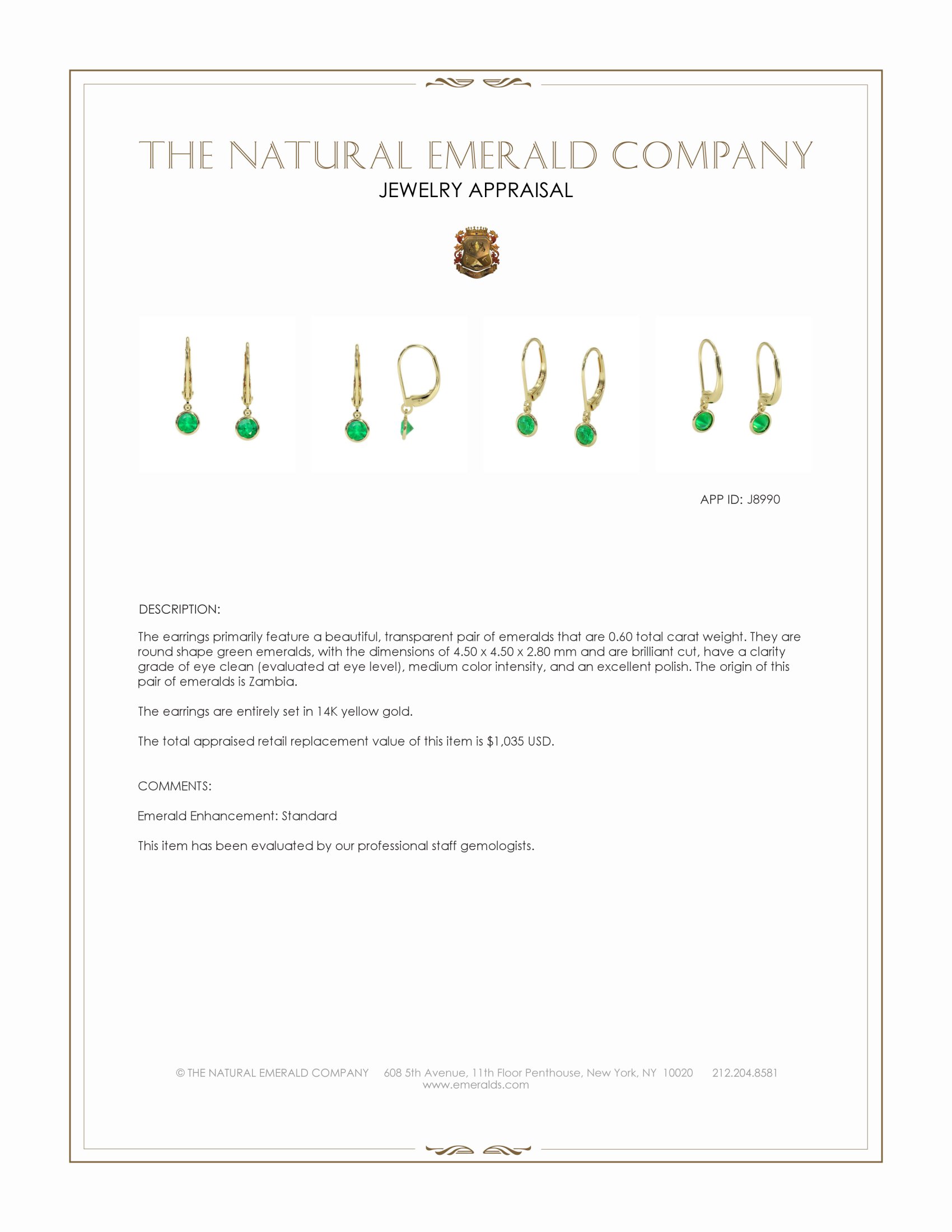 0.60 Ct.Tw. Emerald Drops Earrings, 14K Yellow Gold