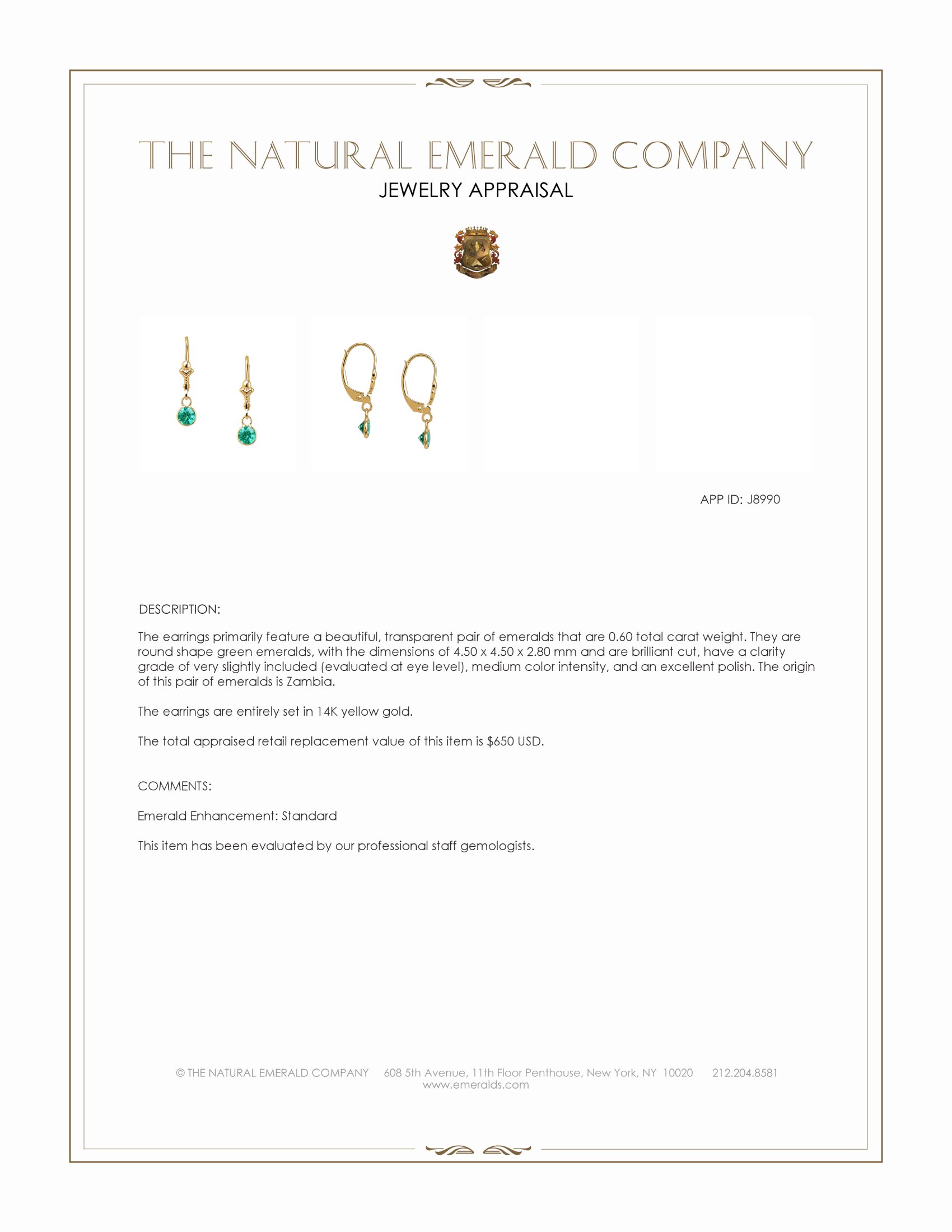 0.60 Ct.Tw. Emerald Bezel Earrings, 14K Yellow Gold