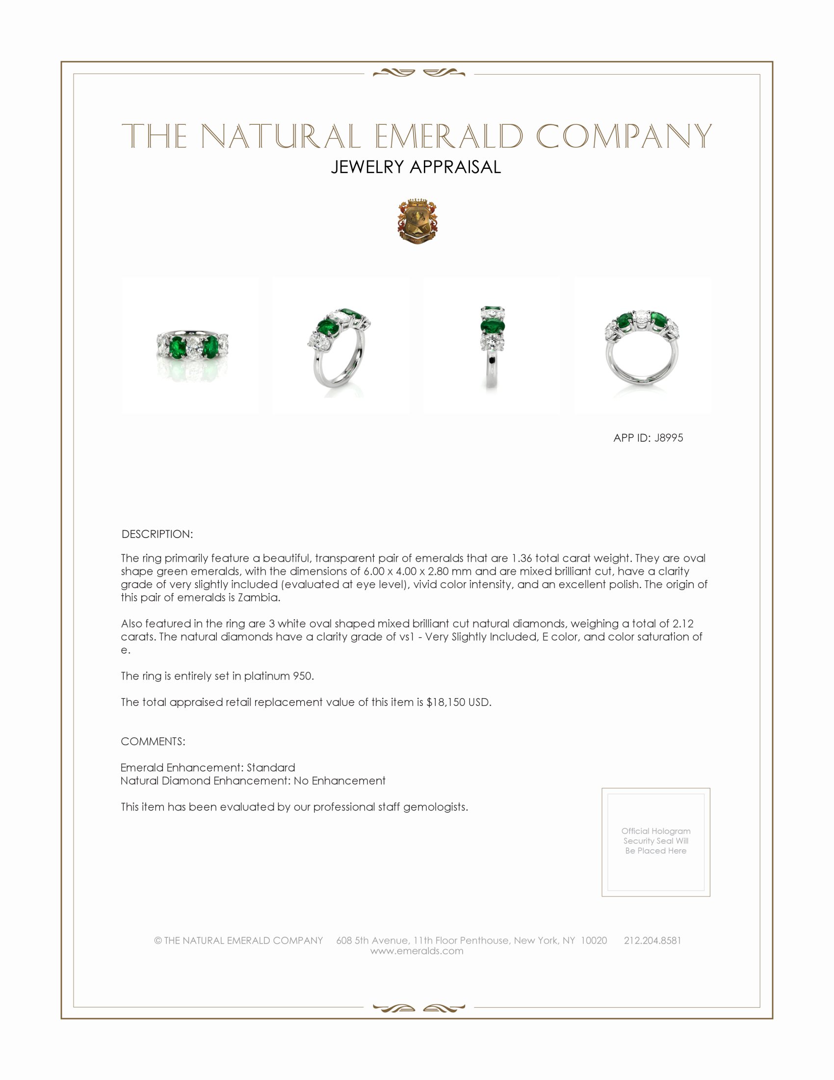 1.36 Ct. Emerald and Natural Diamond Accent Stones Ring, Platinum 950