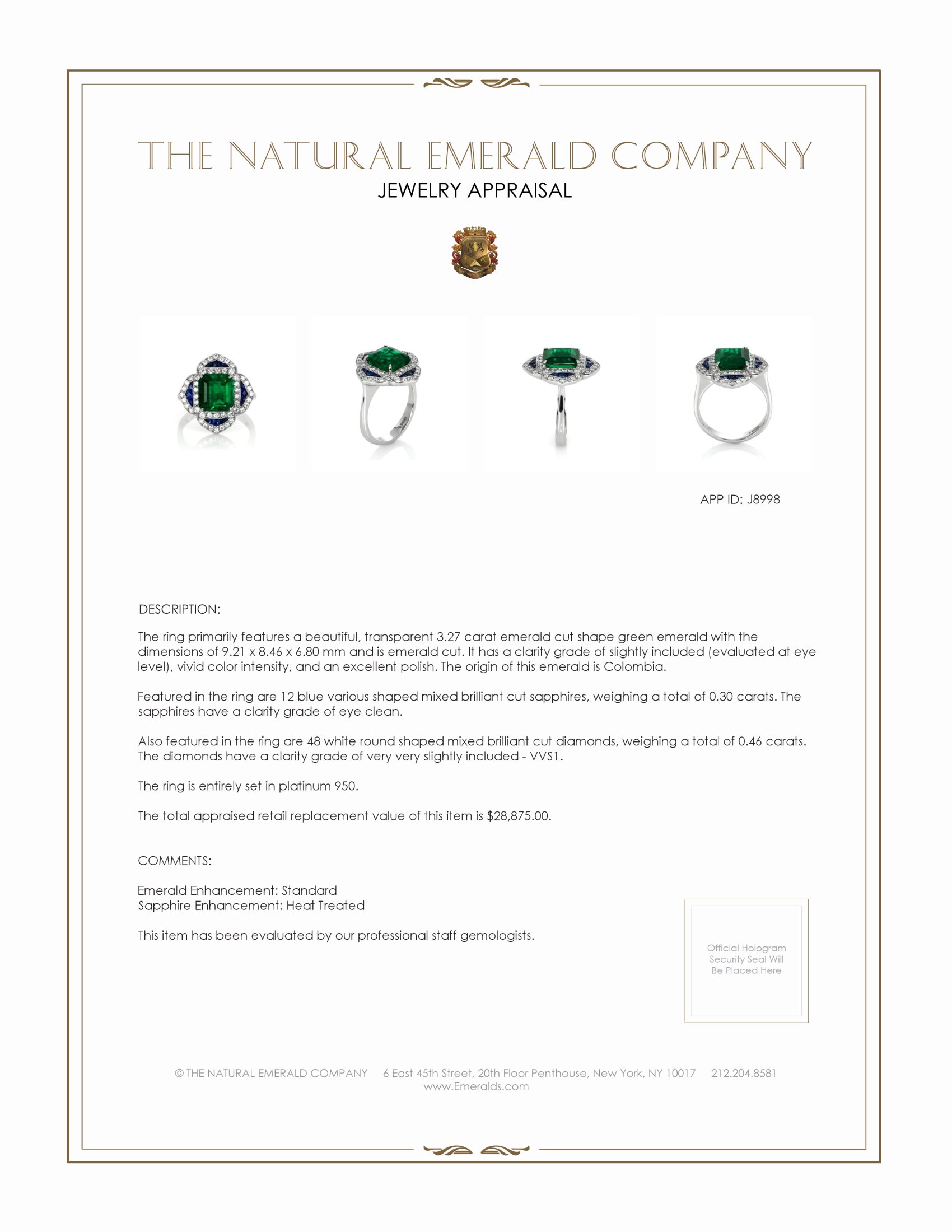 3.27 Ct. Emerald, Natural Diamond and Blue Sapphire Pave Ring, Platinum 950