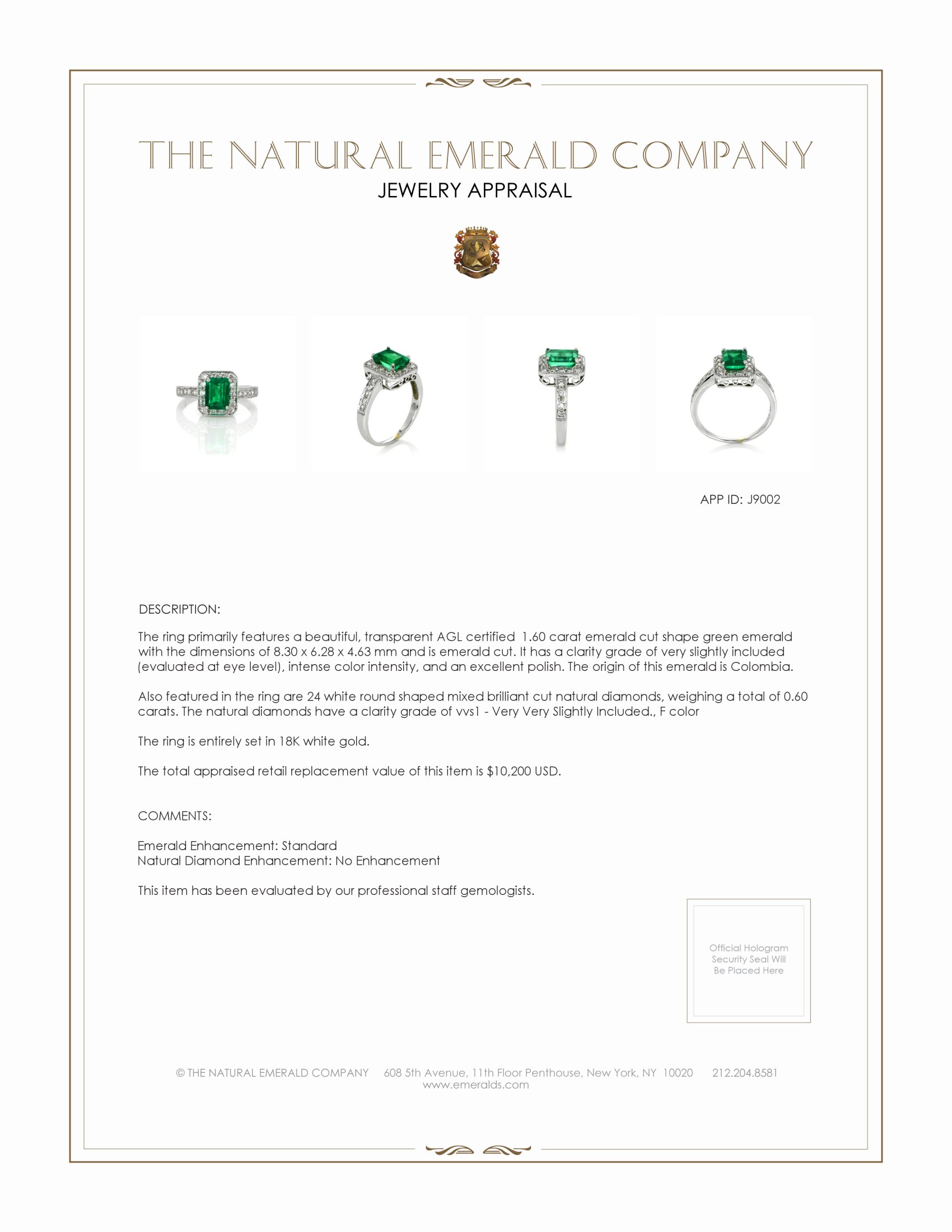 1.60 Ct. Emerald and Natural Diamond Pave Ring, 18K White Gold