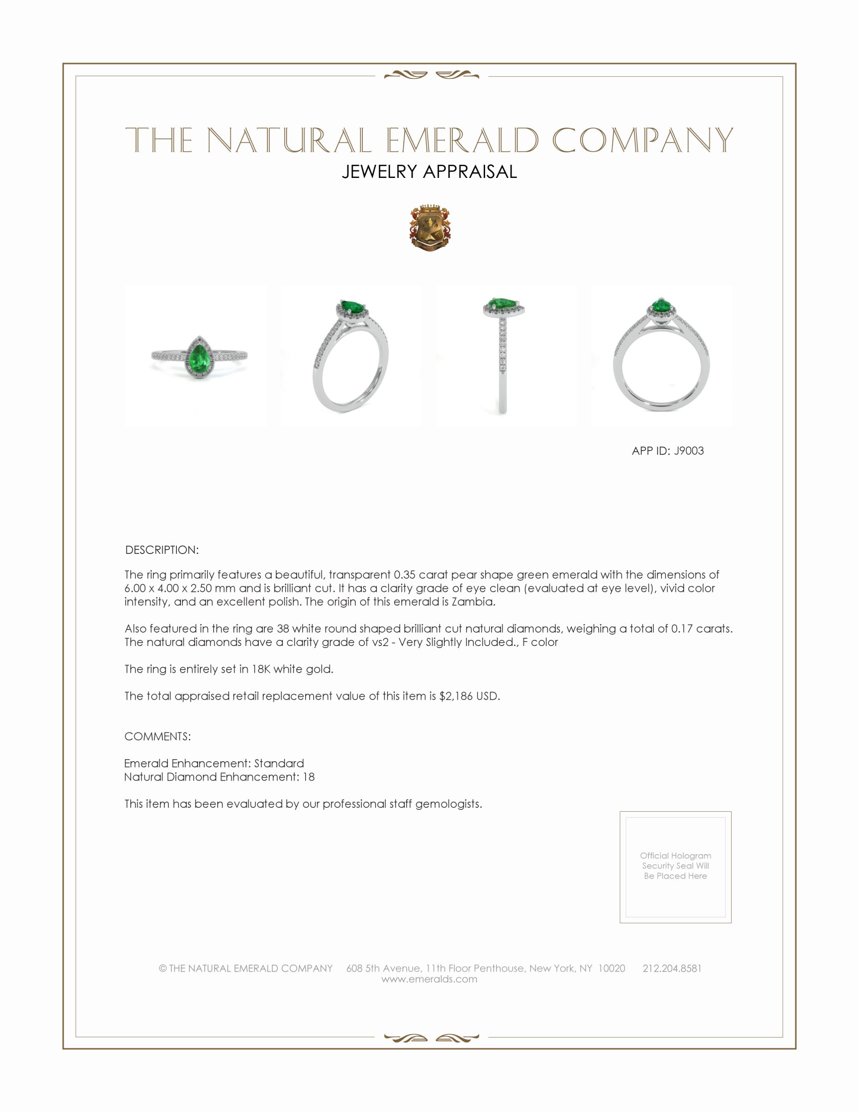 0.35 Ct. Emerald and Natural Diamond Pave Ring, 18K White Gold