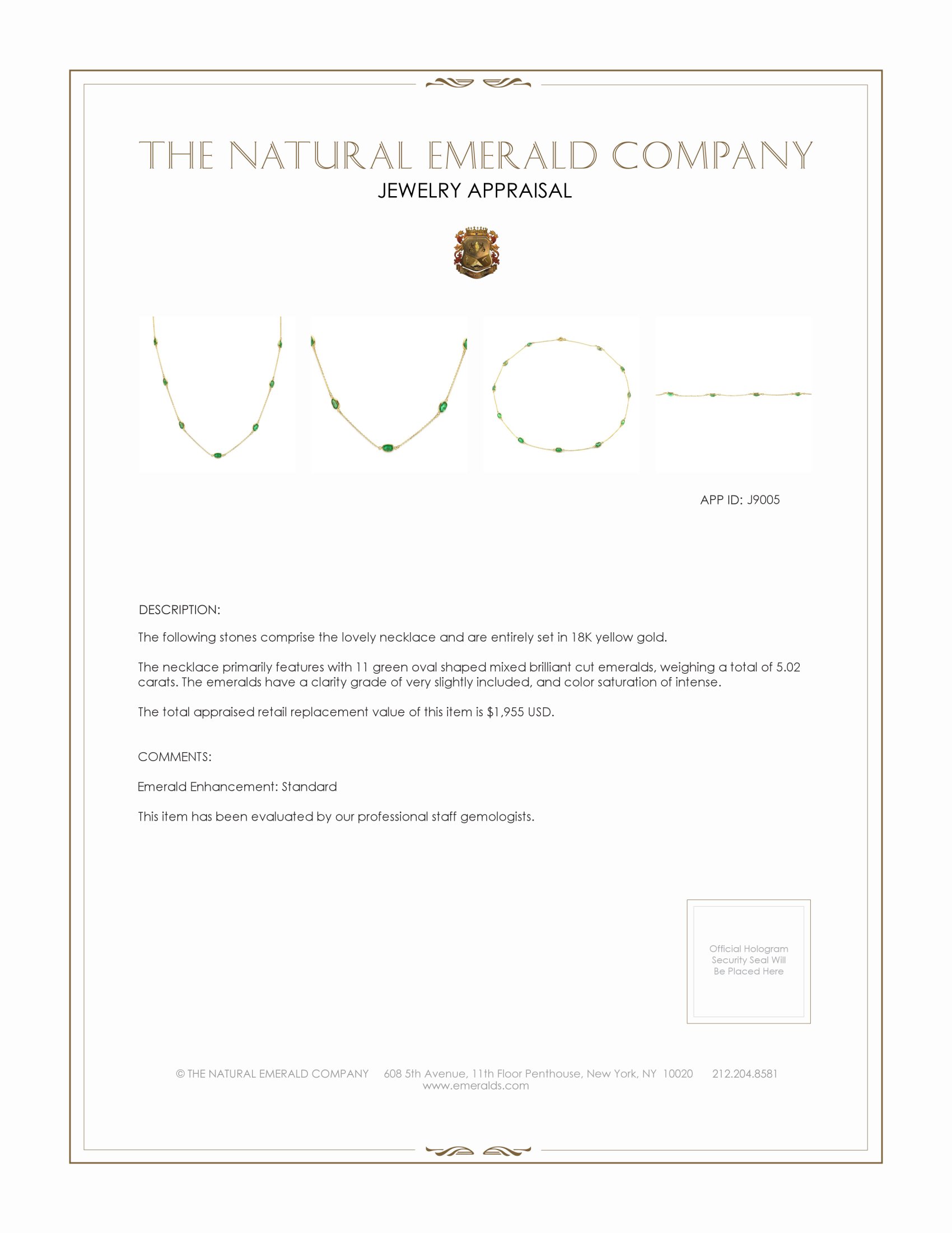 5.02 Ct. Emerald Bezel Necklace, 18K Yellow Gold