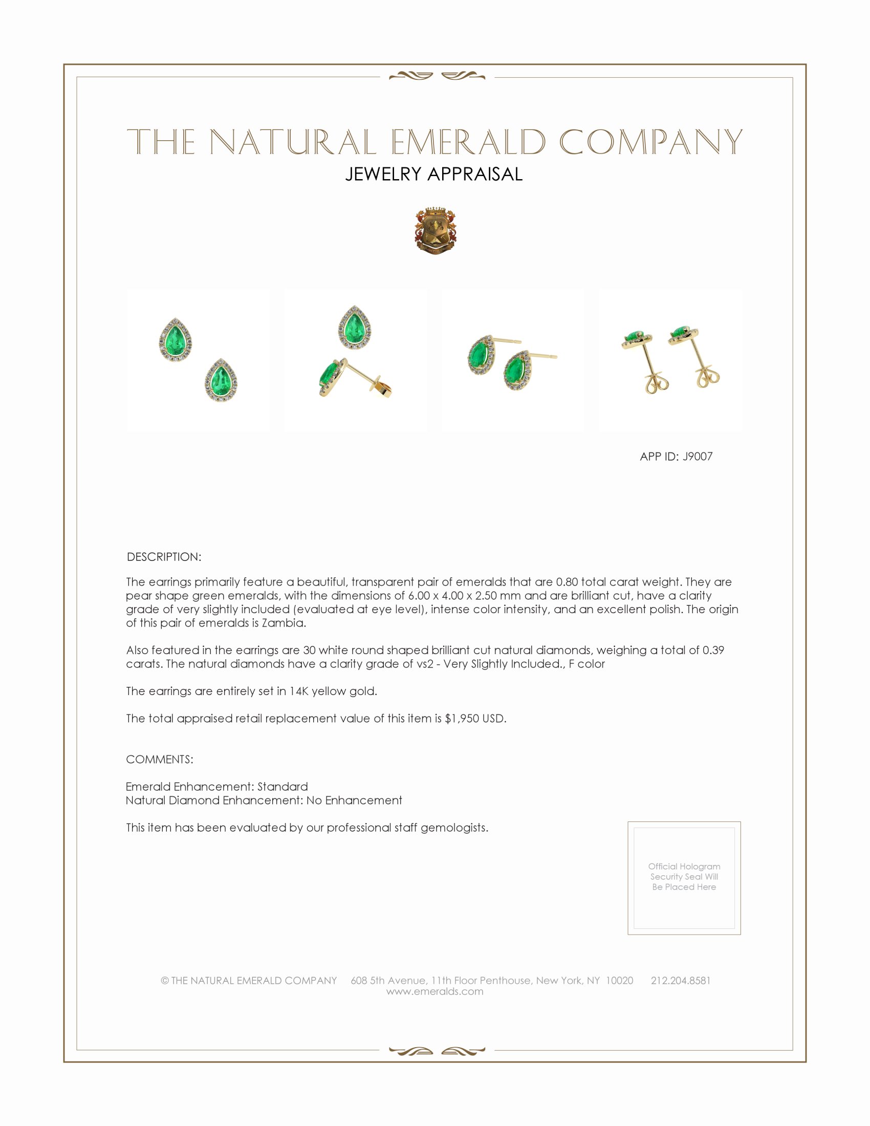 0.80 Ct.Tw. Emerald Natural Diamond Pave Earrings, 14K Yellow Gold