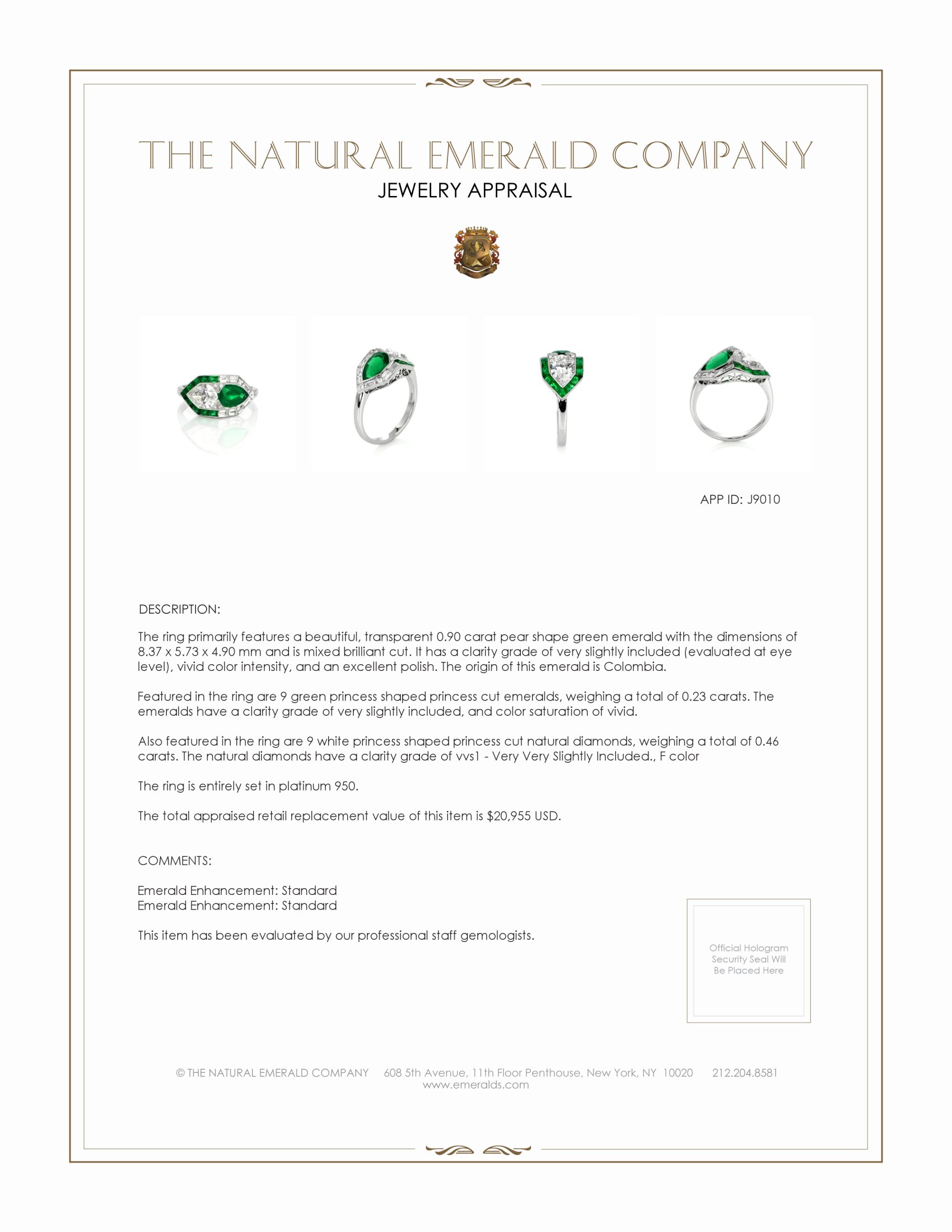 1.80 Ct.Tw. Emerald and Natural Diamond Antique Style Ring, Platinum 950