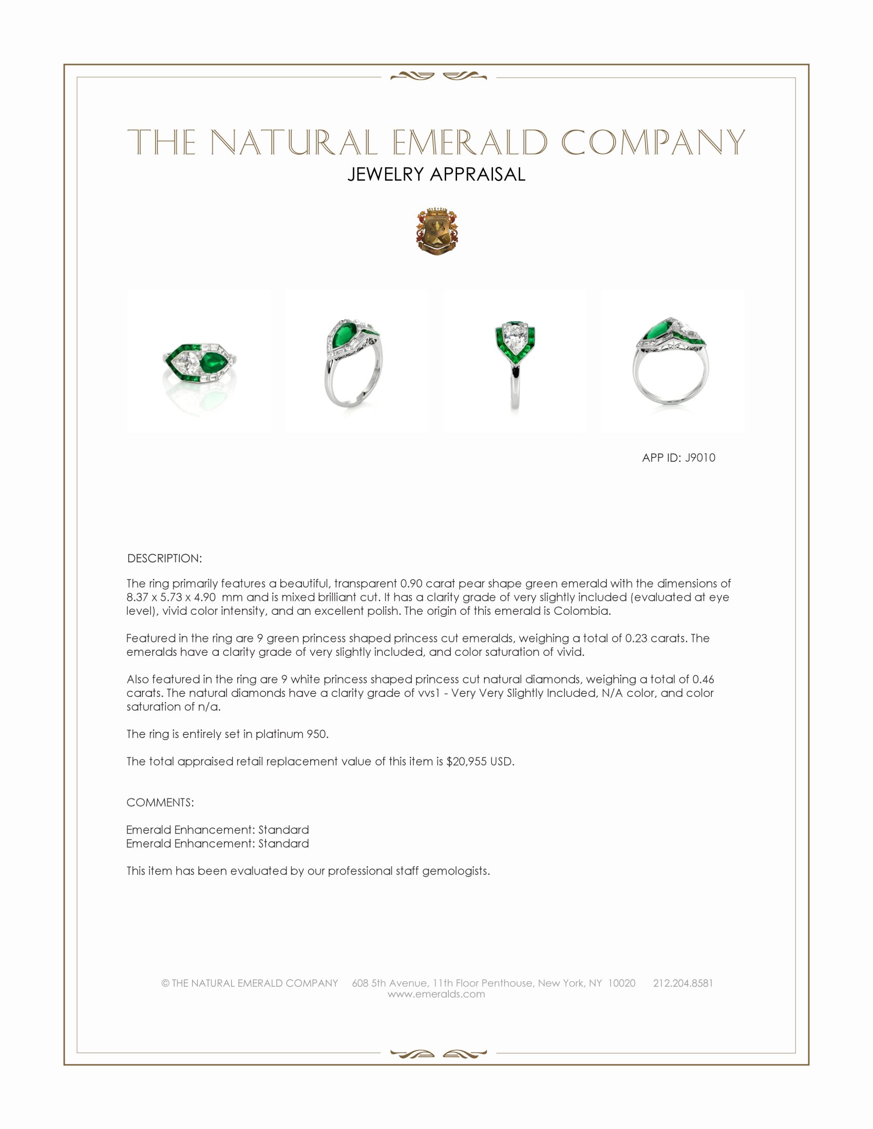 1.80 Ct.Tw. Emerald and Natural Diamond Antique Style Ring, Platinum 950