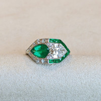 1.80 Ct. Emerald Natural Diamond Antique Style Ring, Platinum 950 Life Style