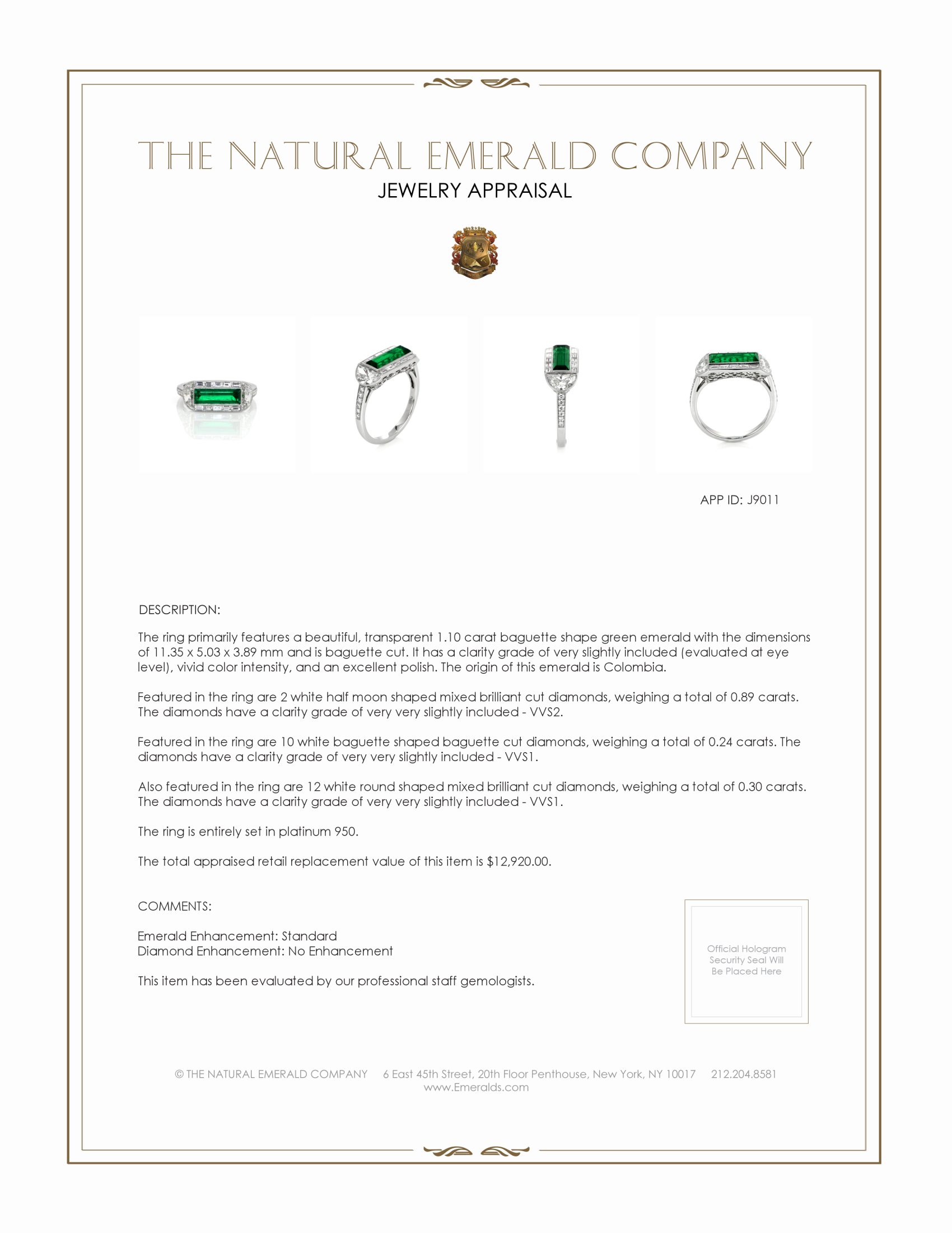 1.10 Ct. Emerald Natural Diamond Antique Style Ring, Platinum 950