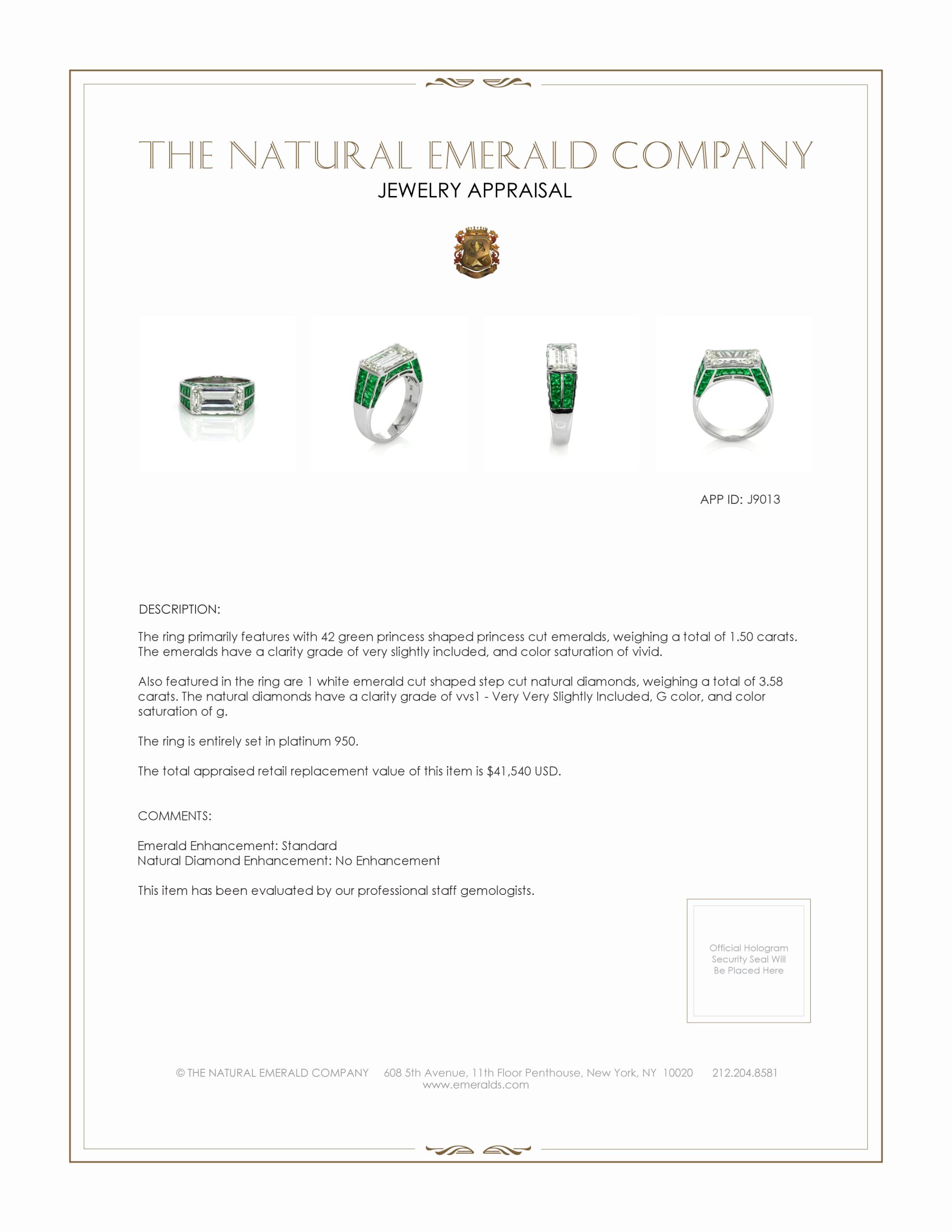 1.50 Ct. Emerald and Natural Diamond Antique Style Ring, Platinum 950