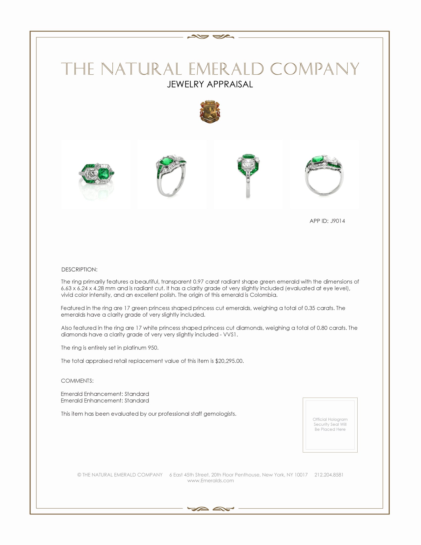 2.03 Ct.Tw. Natural Diamond and Emerald Ring, Platinum 950