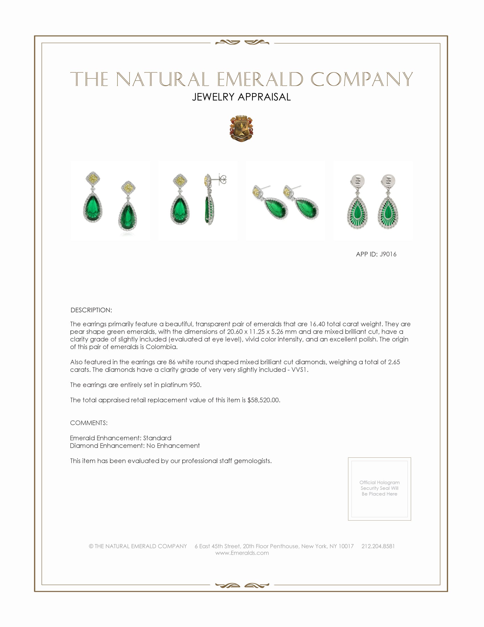 18.98 Ct.Tw. Emerald Natural Diamond Earrings, Platinum 950