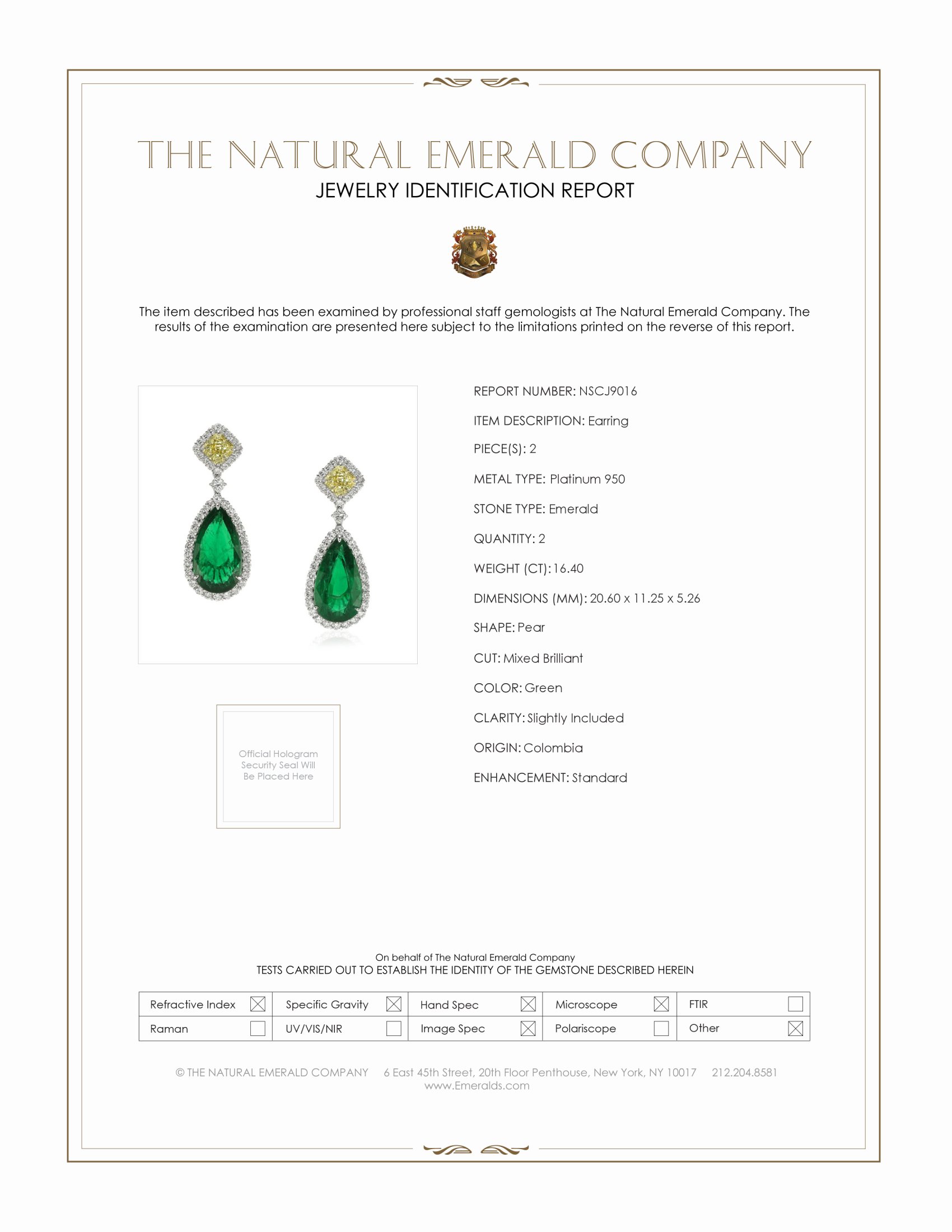 18.98 Ct.Tw. Emerald Natural Diamond Earrings, Platinum 950